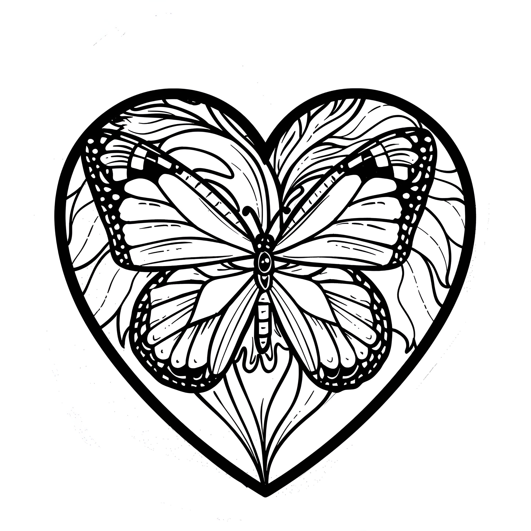 Heart-shaped butterfly with floral design Coloring Page (free black-and-white line drawing printable PDF for all, from beginners to advanced learners, including children, teens, adults, and seniors)