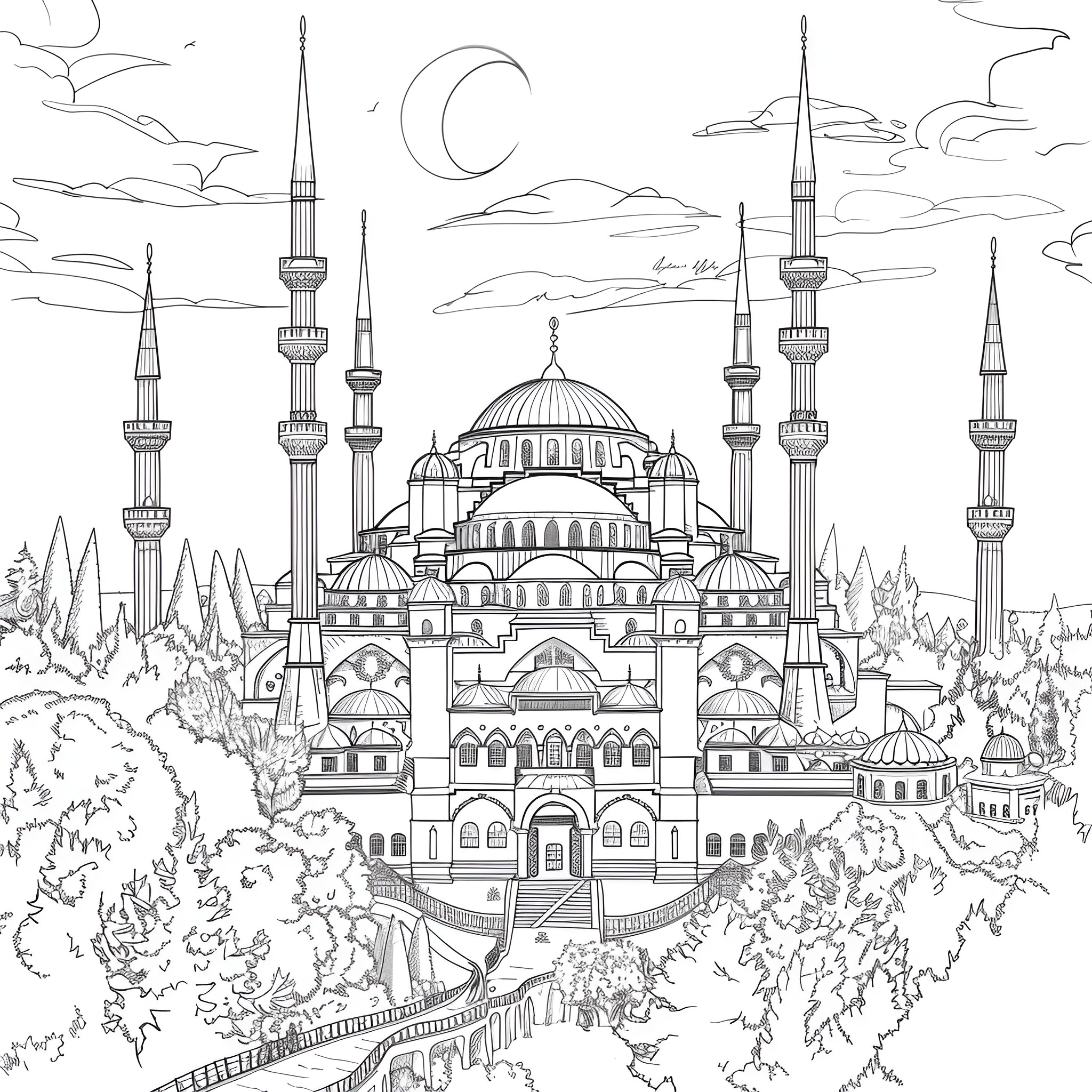 Aesthetic Magnificent Mosque and Skyline Coloring Page (free black-and-white line drawing printable PDF for all, from beginners to advanced learners, including children, teens, adults, and seniors)