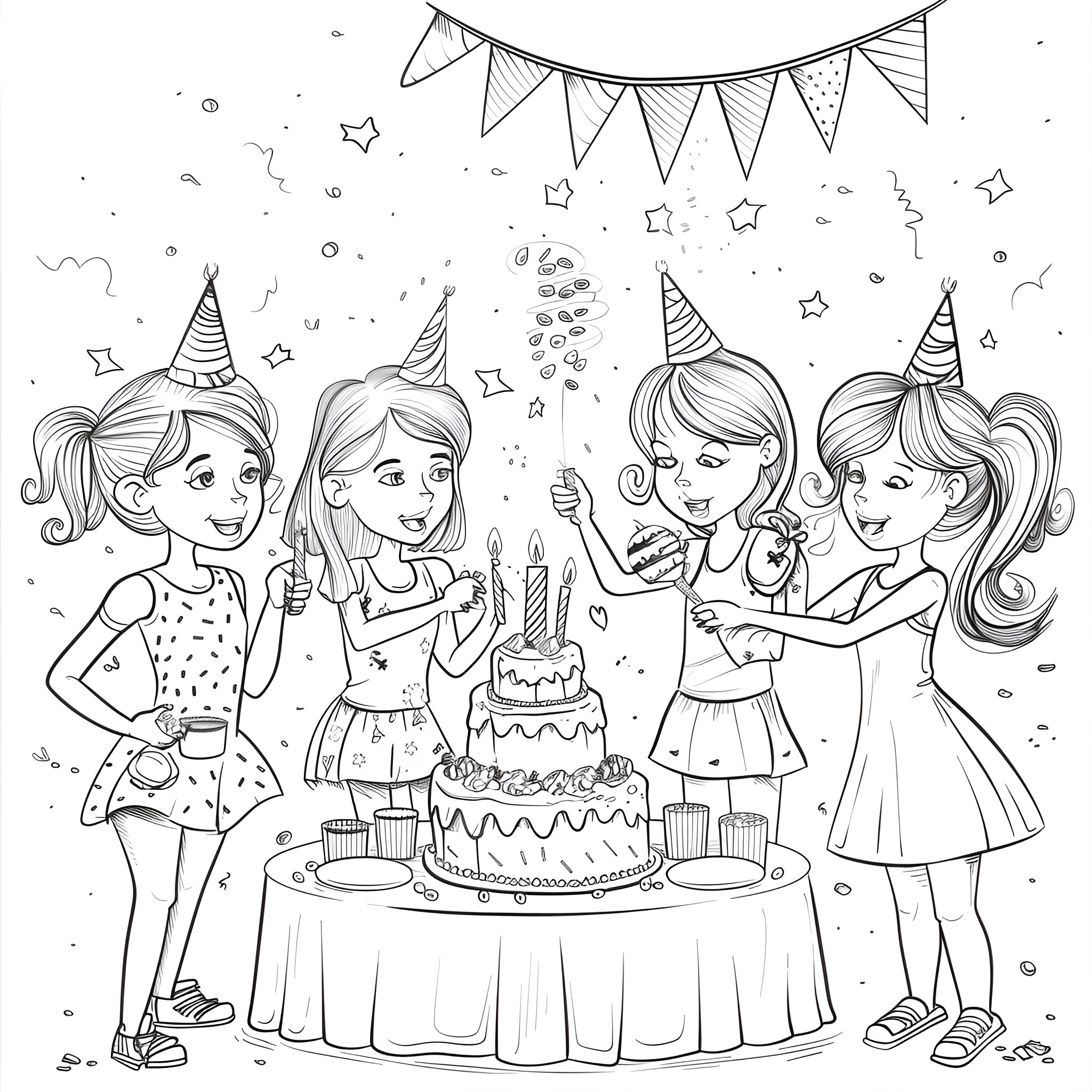 Ladies celebrating with cake and decorations Coloring Page (free black-and-white line drawing printable PDF for all, from beginners to advanced learners, including children, teens, adults, and seniors)