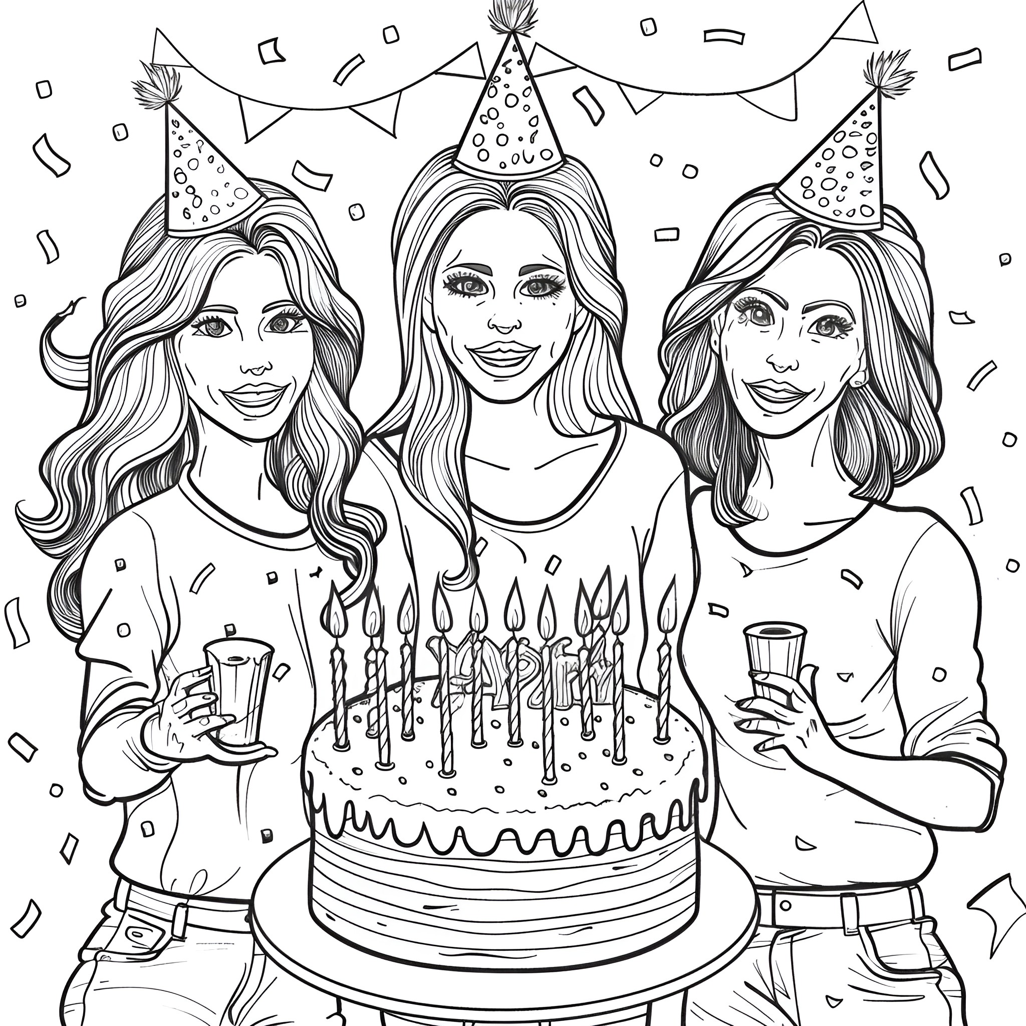 Ladies Celebrating with Birthday Cake and Party Hats Coloring Page (free black-and-white line drawing printable PDF for all, from beginners to advanced learners, including children, teens, adults, and seniors)