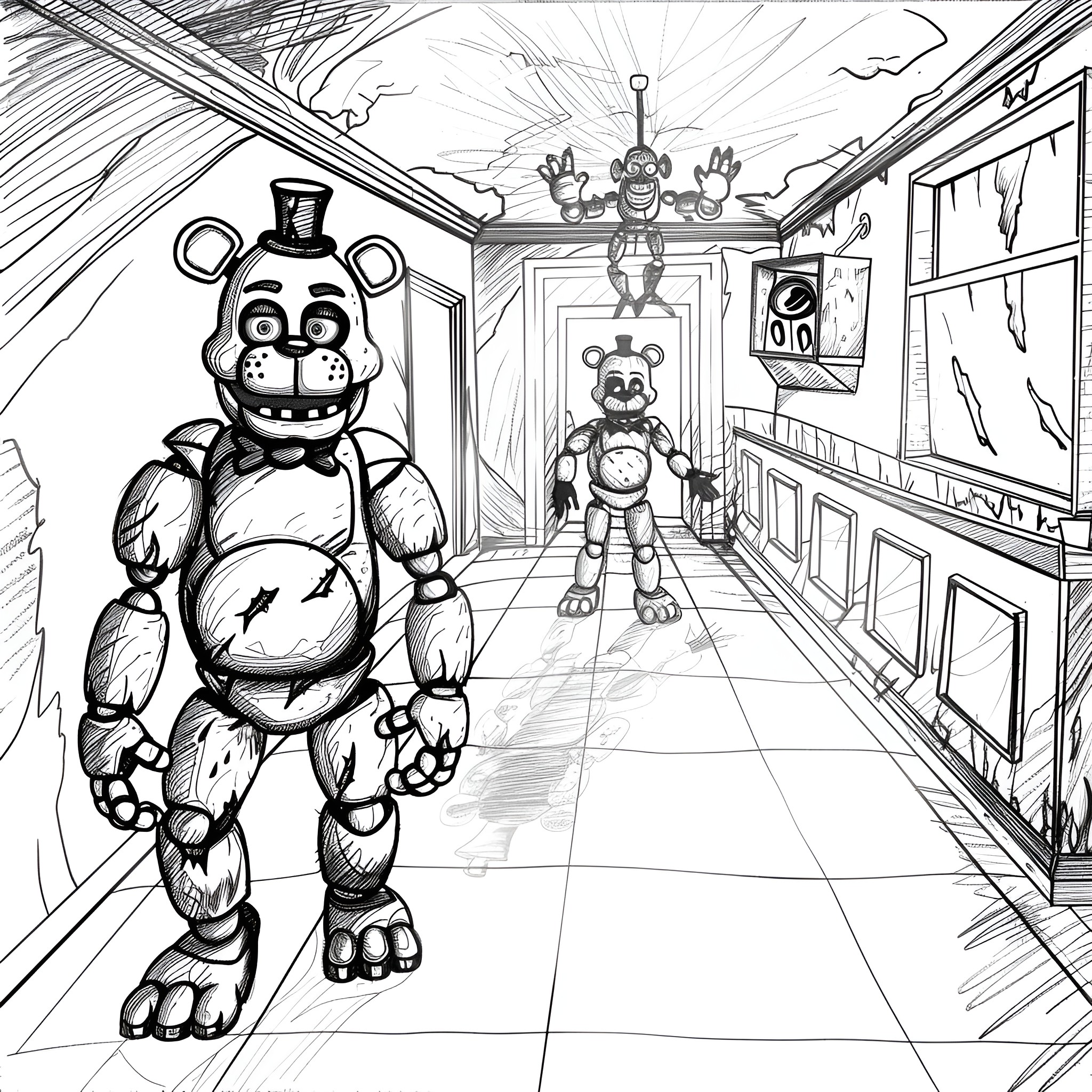 Five Nights At Freddy's haunting animatronic characters Coloring Page (free black-and-white line drawing printable PDF for all, from beginners to advanced learners, including children, teens, adults, and seniors)