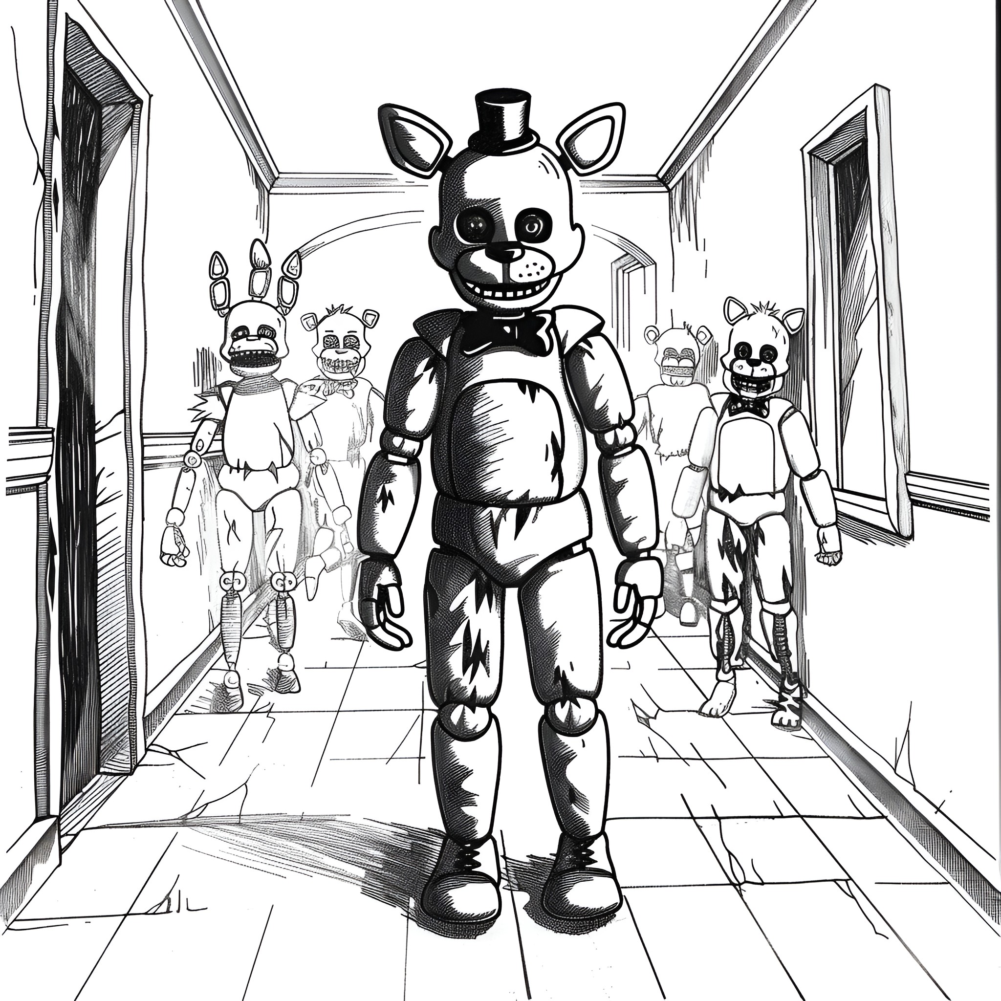 Five Nights At Freddy's animatronic characters in hallway Coloring Page (free black-and-white line drawing printable PDF for all, from beginners to advanced learners, including children, teens, adults, and seniors)