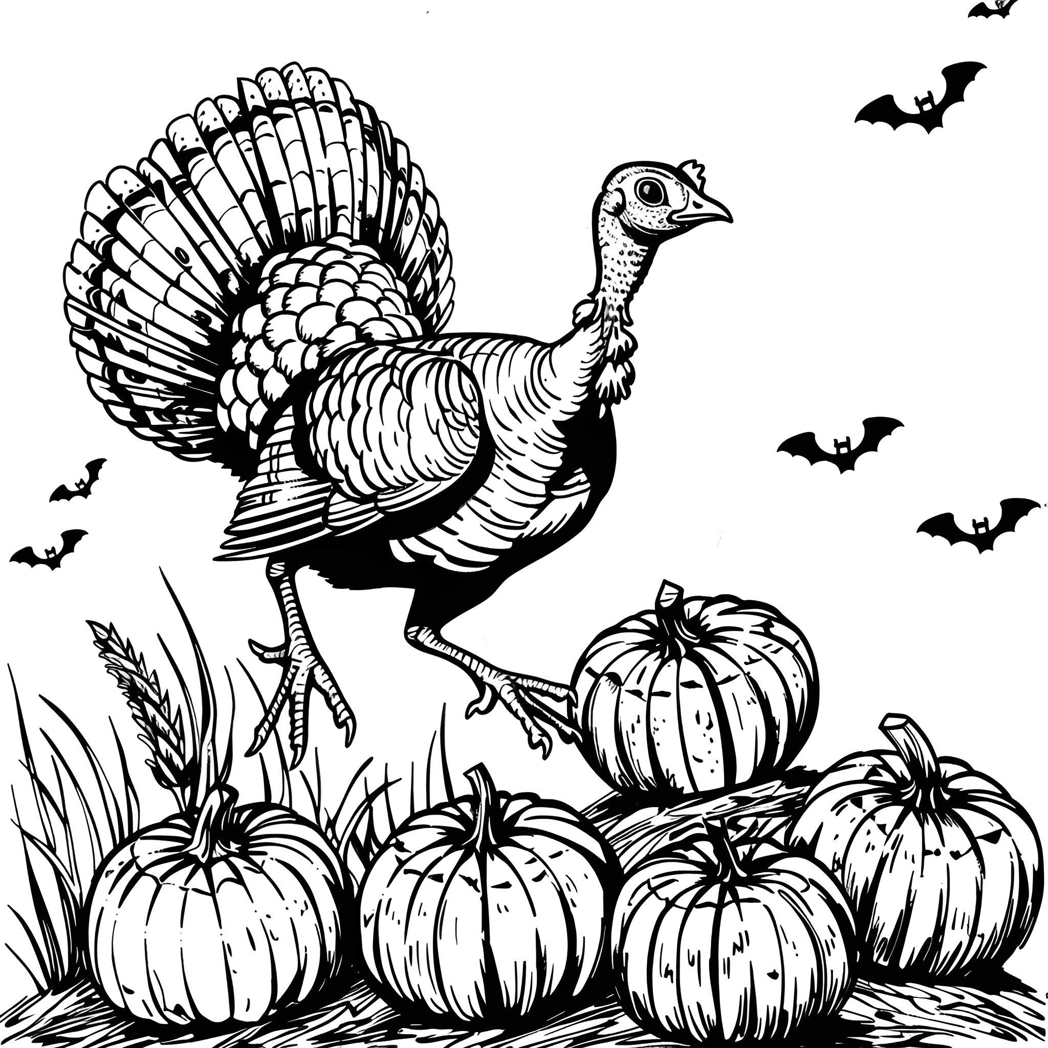 Turkey among Pumpkins and Bats Coloring Page (free black-and-white line drawing printable PDF for all, from beginners to advanced learners, including children, teens, adults, and seniors)