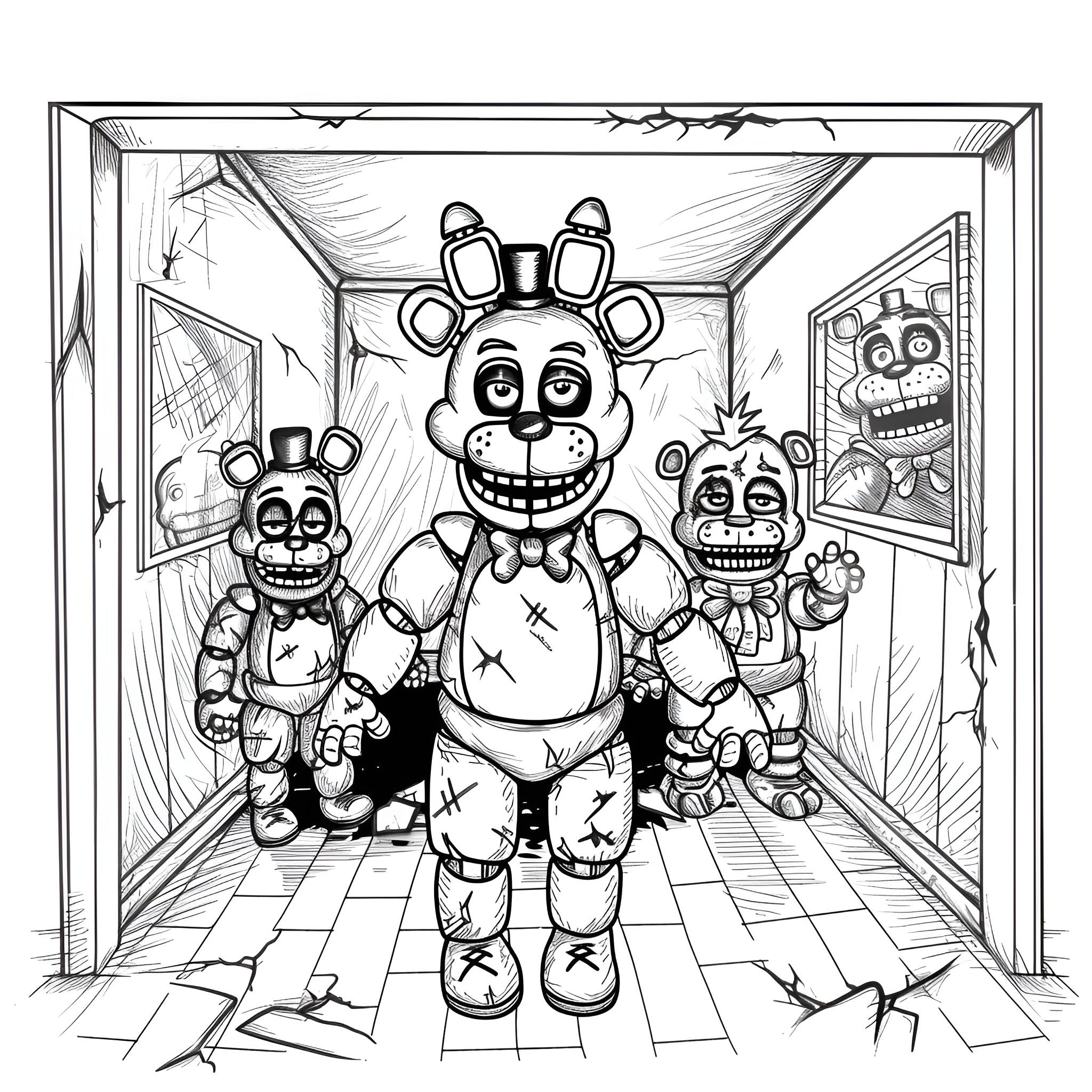 Five Nights At Freddy's Creepy Animatronics on Display Coloring Page (free black-and-white line drawing printable PDF for all, from beginners to advanced learners, including children, teens, adults, and seniors)