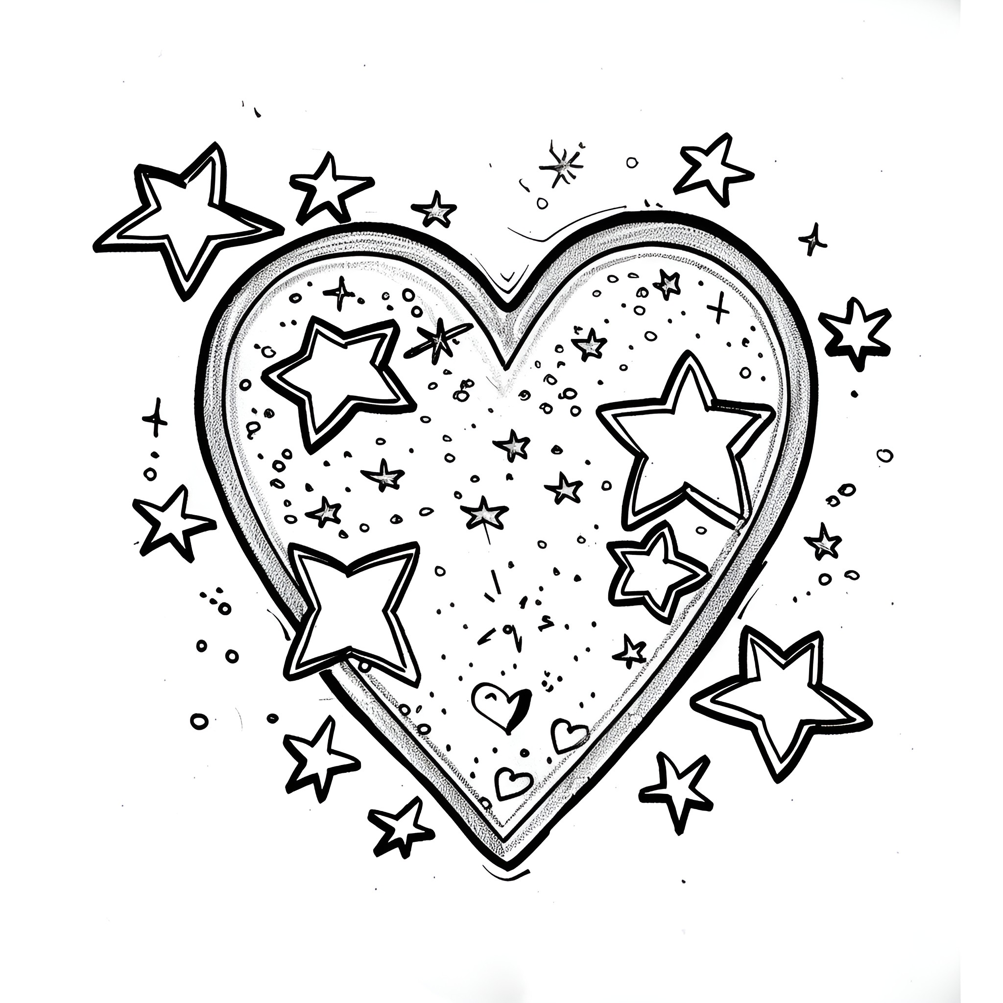 Heart filled with sparkling stars Coloring Page (free black-and-white line drawing printable PDF for all, from beginners to advanced learners, including children, teens, adults, and seniors)