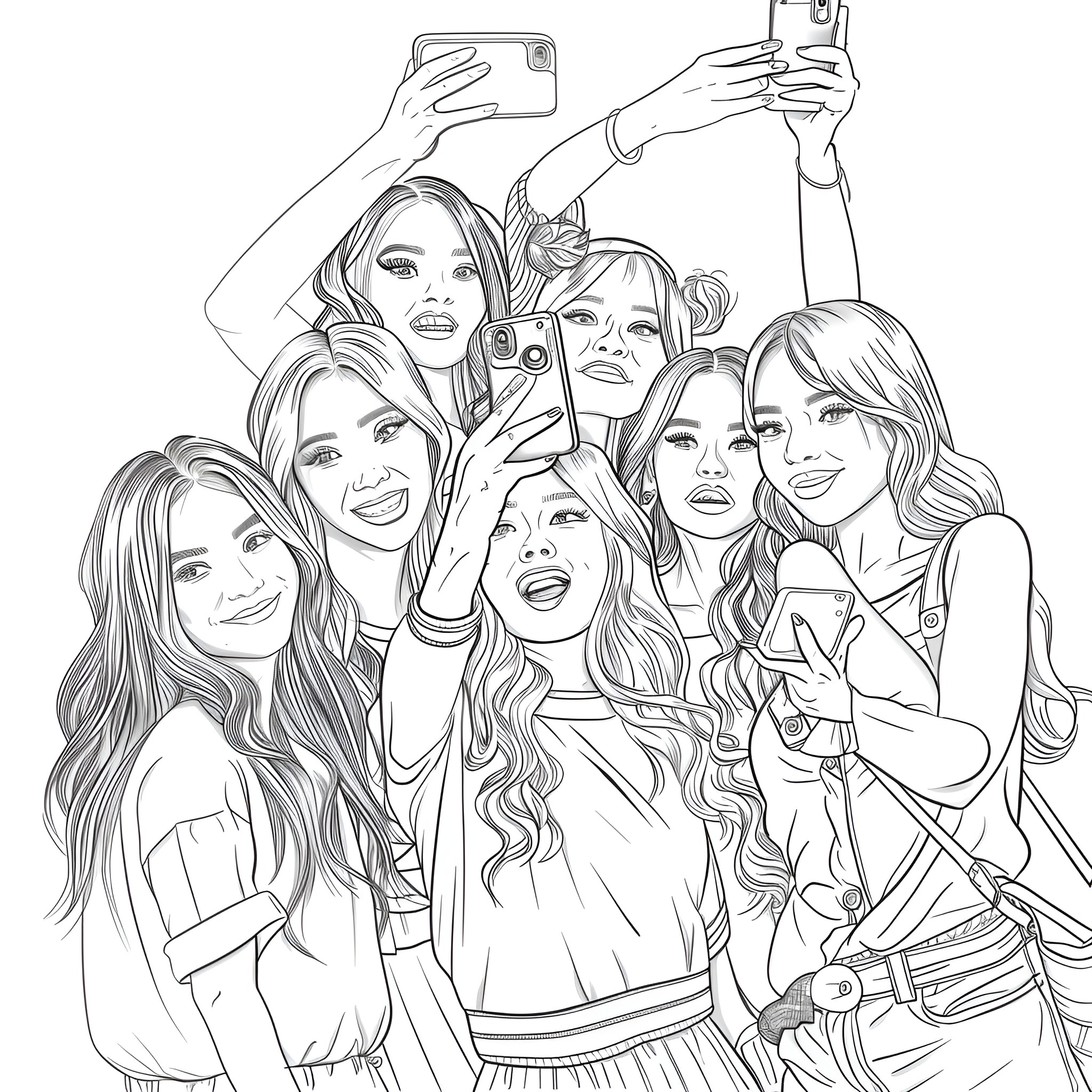 Ladies taking selfies and posing joyfully Coloring Page (free black-and-white line drawing printable PDF for all, from beginners to advanced learners, including children, teens, adults, and seniors)