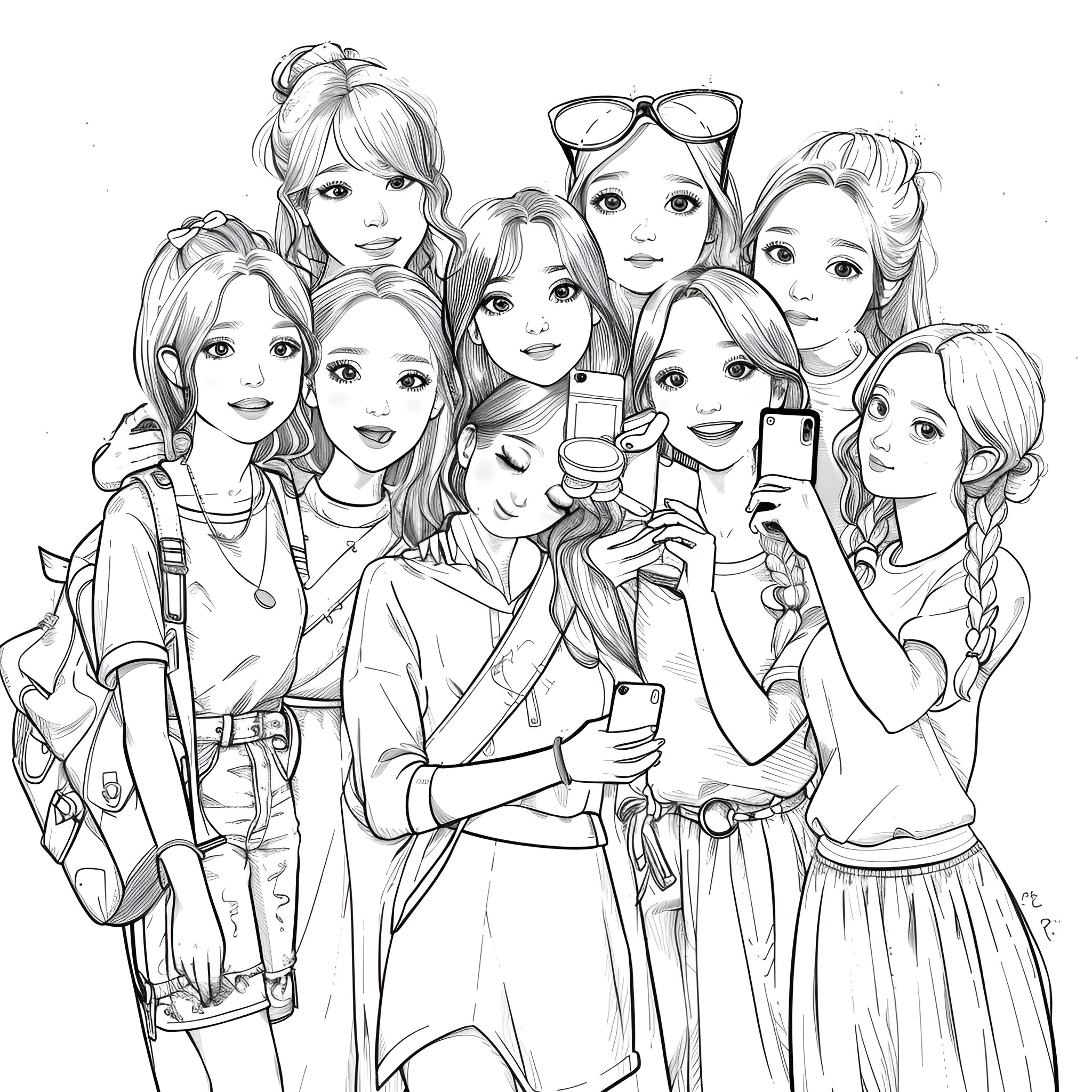 Ladies in casual, trendy outfits posing for selfie Coloring Page (free black-and-white line drawing printable PDF for all, from beginners to advanced learners, including children, teens, adults, and seniors)