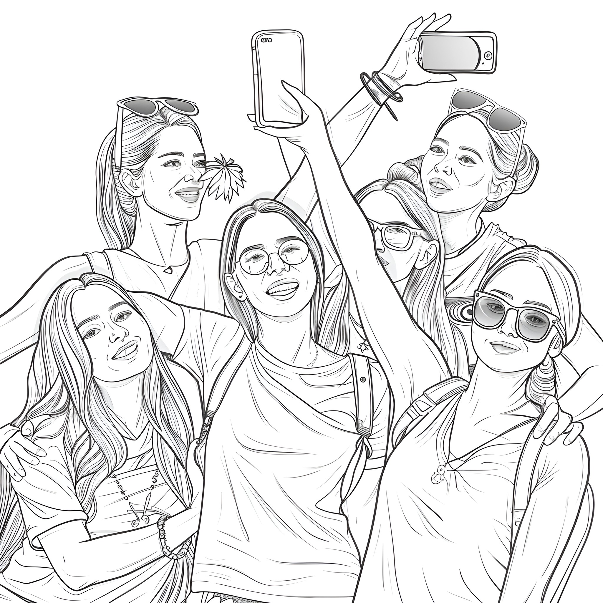 Ladies taking selfie with excitement Coloring Page (free black-and-white line drawing printable PDF for all, from beginners to advanced learners, including children, teens, adults, and seniors)