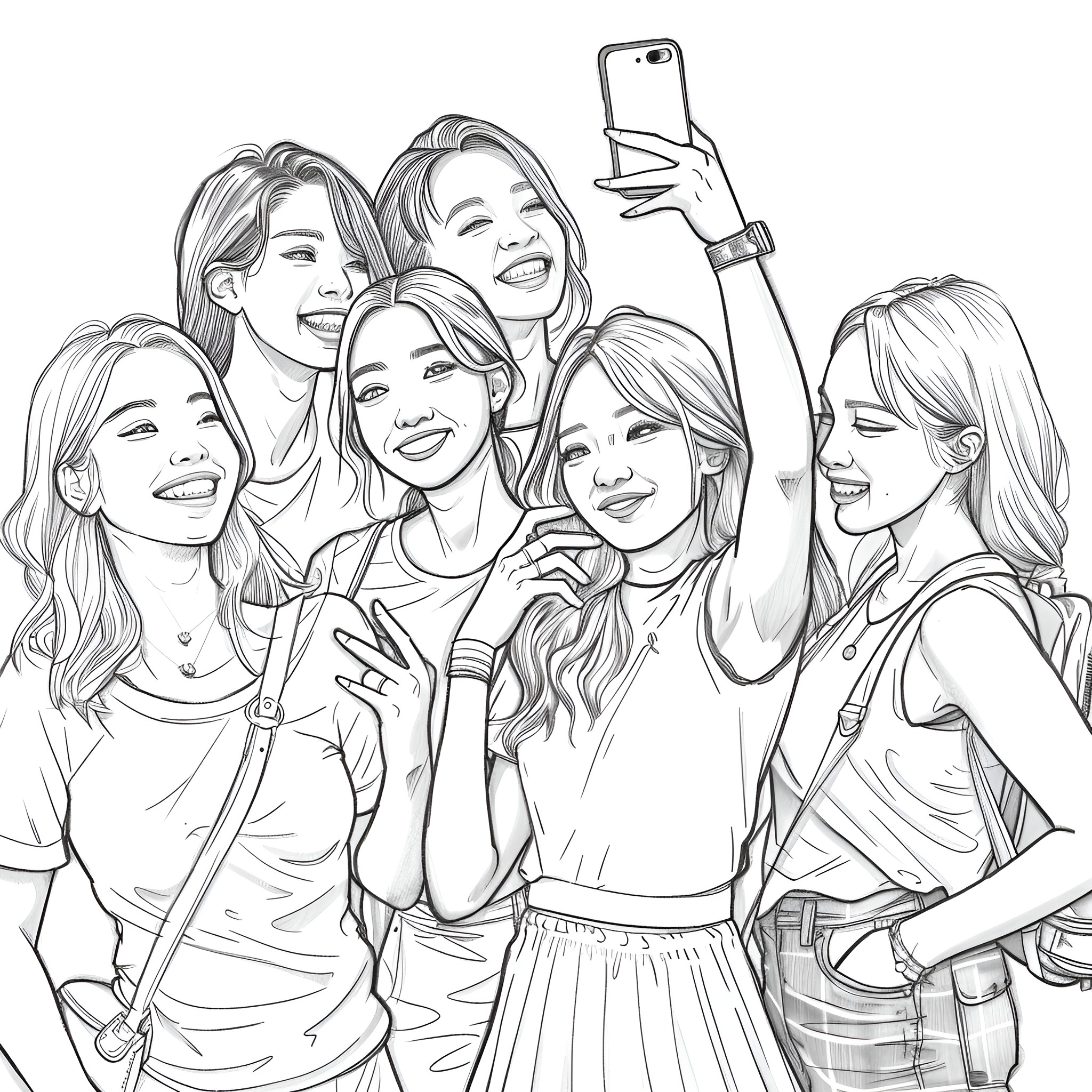 Ladies Posing Cheerfully for Group Selfie Coloring Page (free black-and-white line drawing printable PDF for all, from beginners to advanced learners, including children, teens, adults, and seniors)