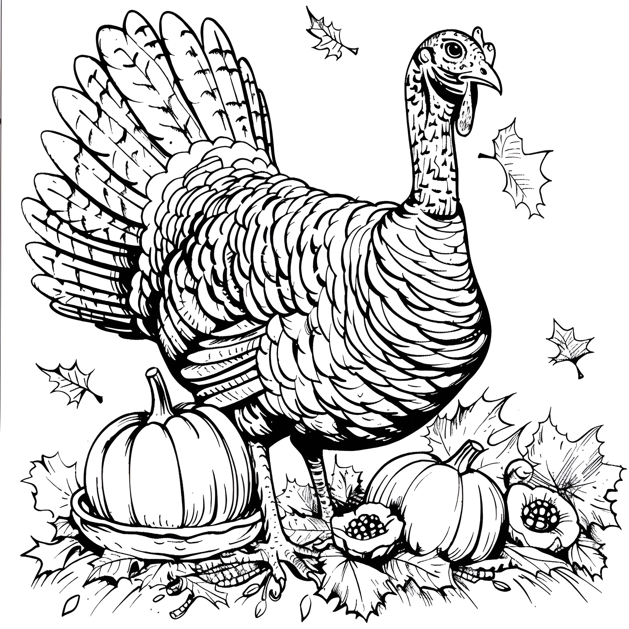 Turkey with autumn scenery Coloring Page (free black-and-white line drawing printable PDF for all, from beginners to advanced learners, including children, teens, adults, and seniors)