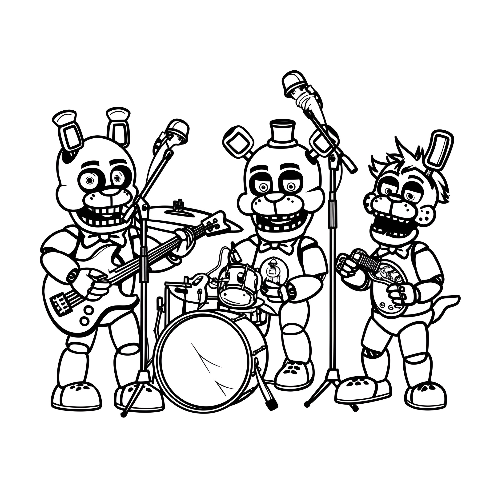 Five Nights At Freddy's animated band performing Coloring Page (free black-and-white line drawing printable PDF for all, from beginners to advanced learners, including children, teens, adults, and seniors)