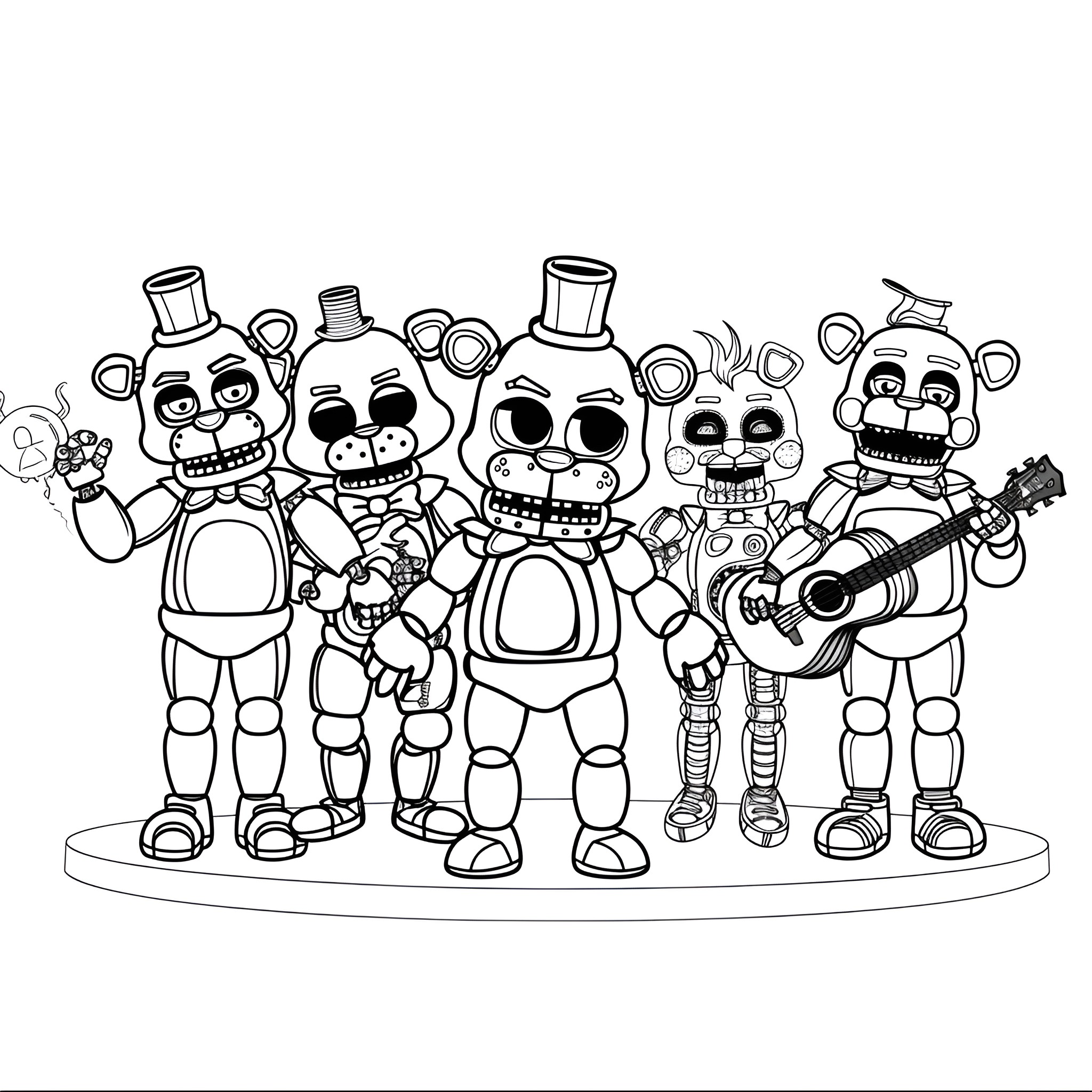 Five Nights At Freddy's robot characters performing together Coloring Page (free black-and-white line drawing printable PDF for all, from beginners to advanced learners, including children, teens, adults, and seniors)