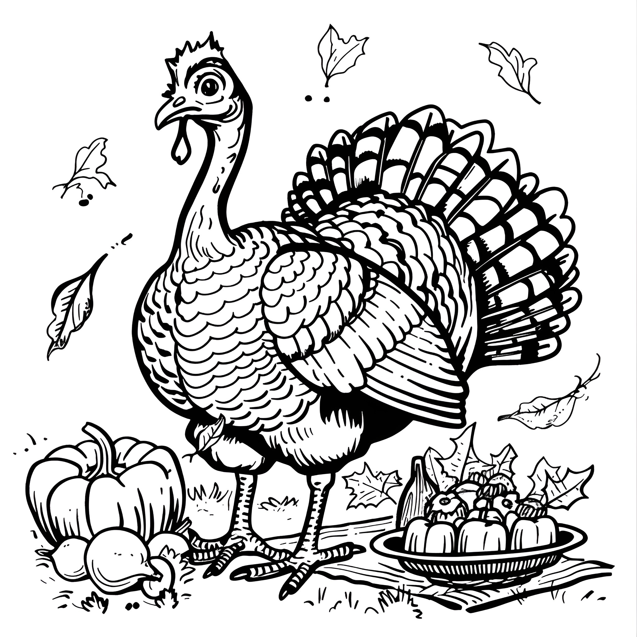 Turkey Standing Proudly Among Autumnal Scenery Coloring Page (free black-and-white line drawing printable PDF for all, from beginners to advanced learners, including children, teens, adults, and seniors)
