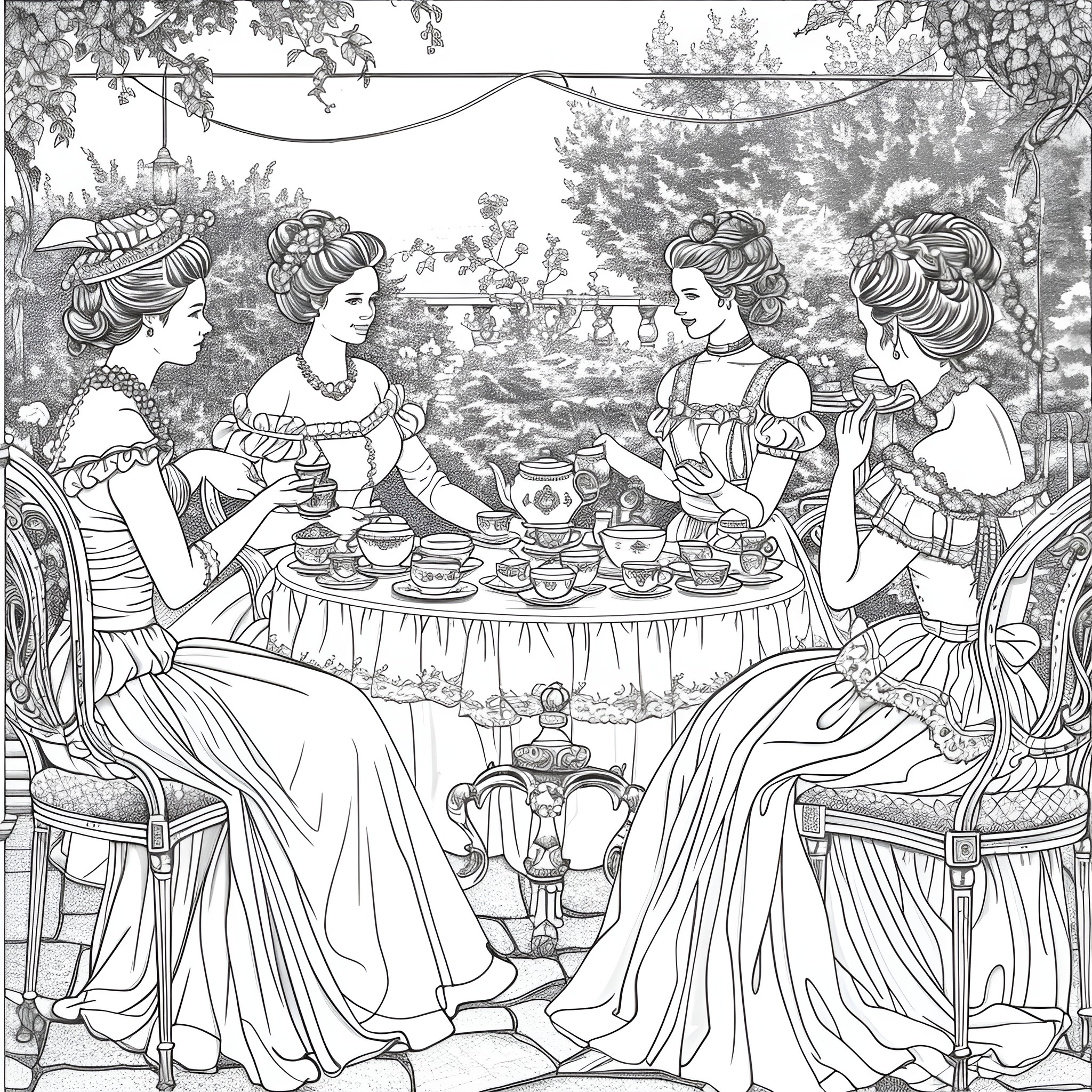 Ladies enjoying a Victorian tea party Coloring Page (free black-and-white line drawing printable PDF for all, from beginners to advanced learners, including children, teens, adults, and seniors)
