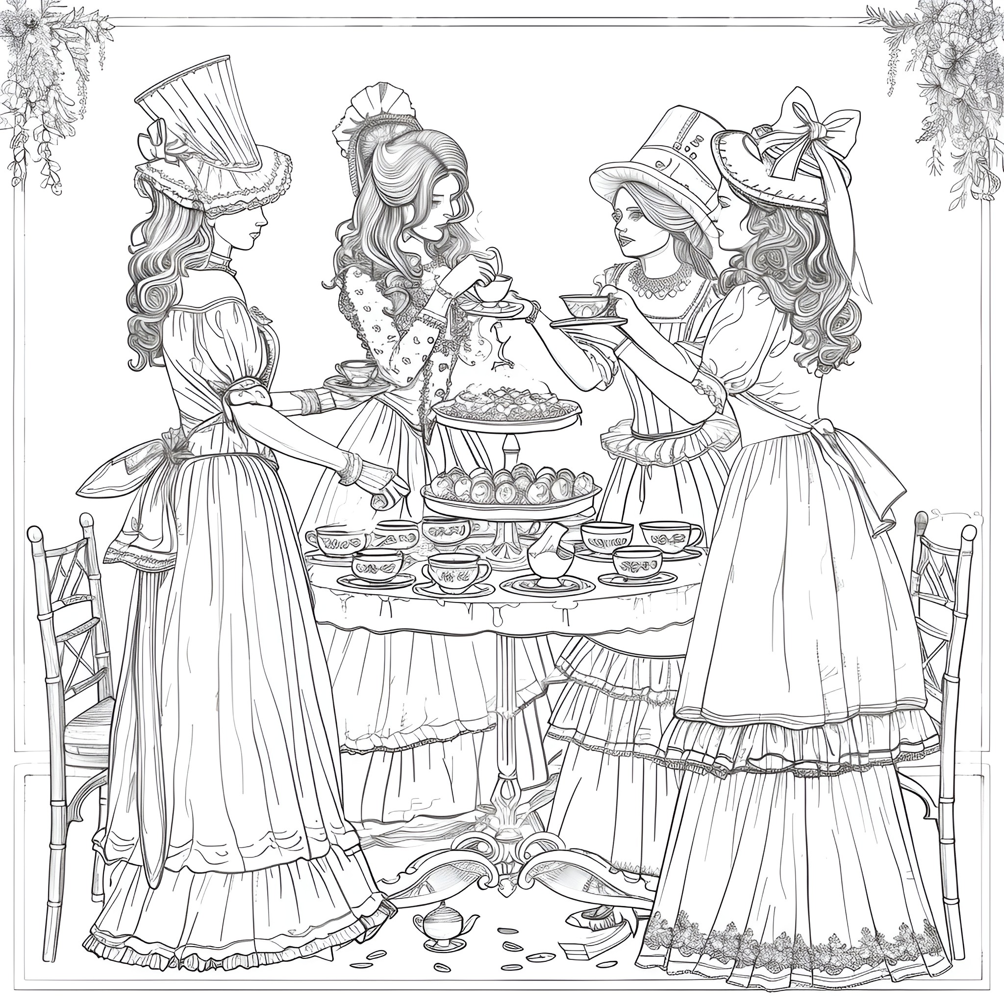 Ladies in Elegant Victorian Tea Party Coloring Page (free black-and-white line drawing printable PDF for all, from beginners to advanced learners, including children, teens, adults, and seniors)