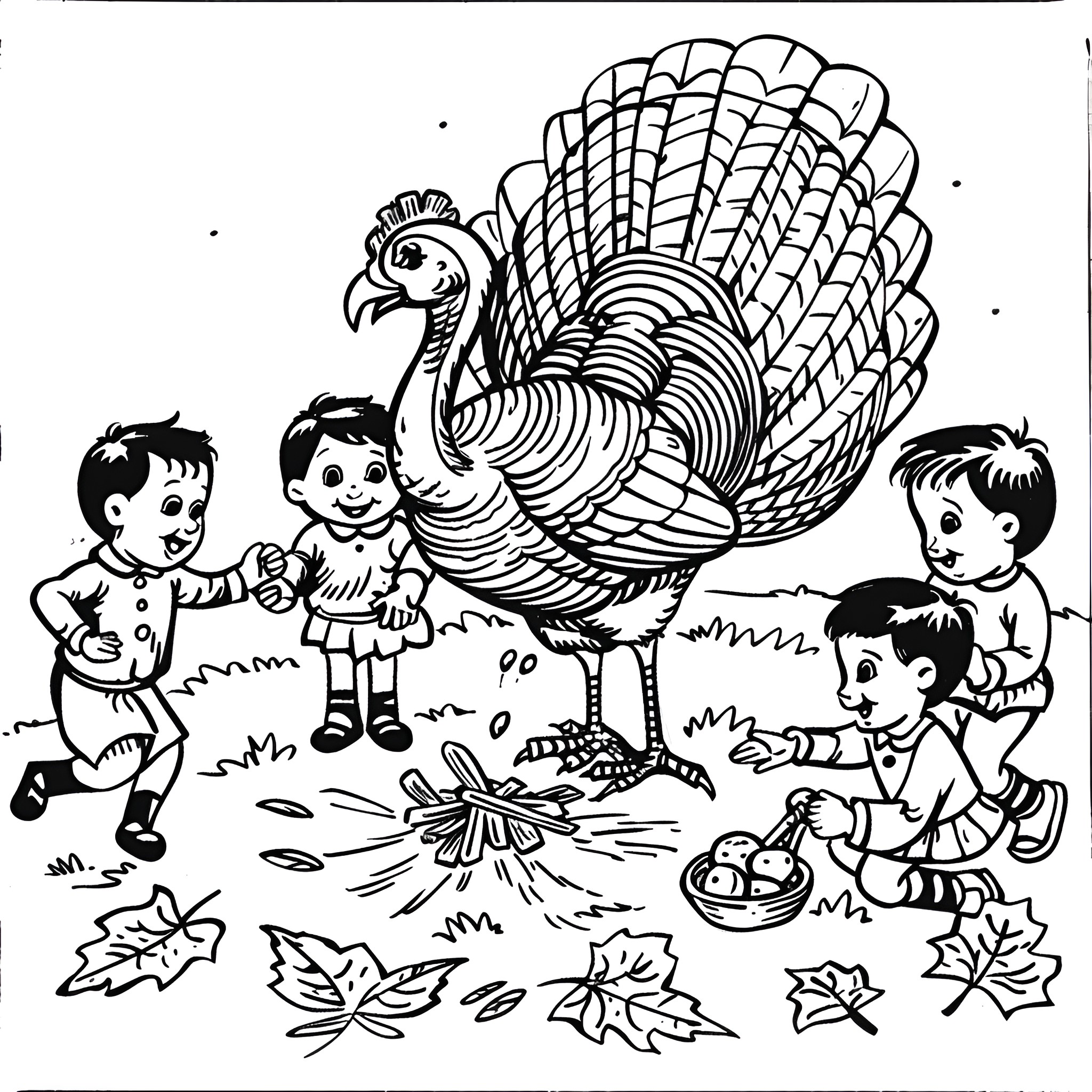 Turkey surrounded by children in autumn scene Coloring Page (free black-and-white line drawing printable PDF for all, from beginners to advanced learners, including children, teens, adults, and seniors)