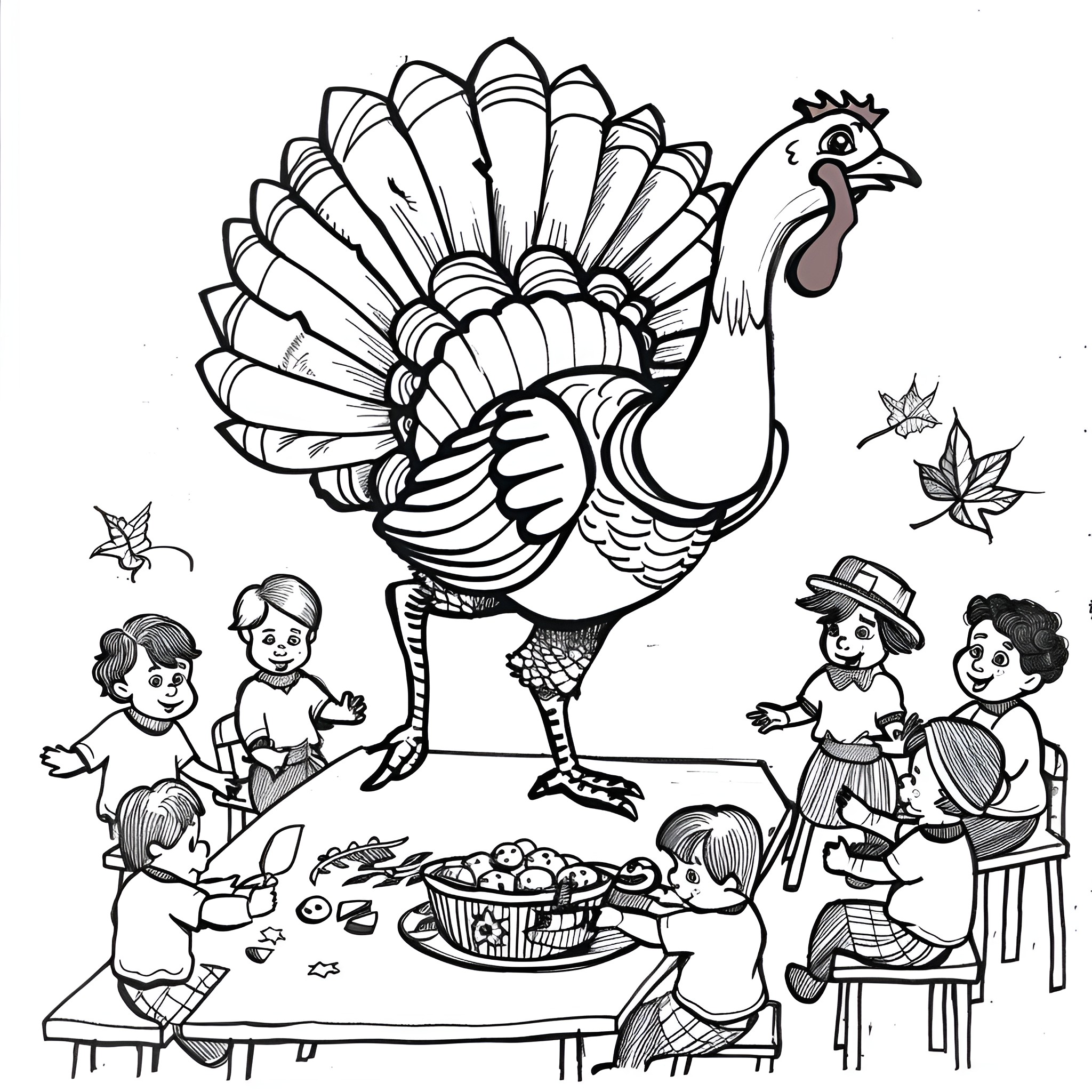Turkey and family enjoying Thanksgiving feast Coloring Page (free black-and-white line drawing printable PDF for all, from beginners to advanced learners, including children, teens, adults, and seniors)