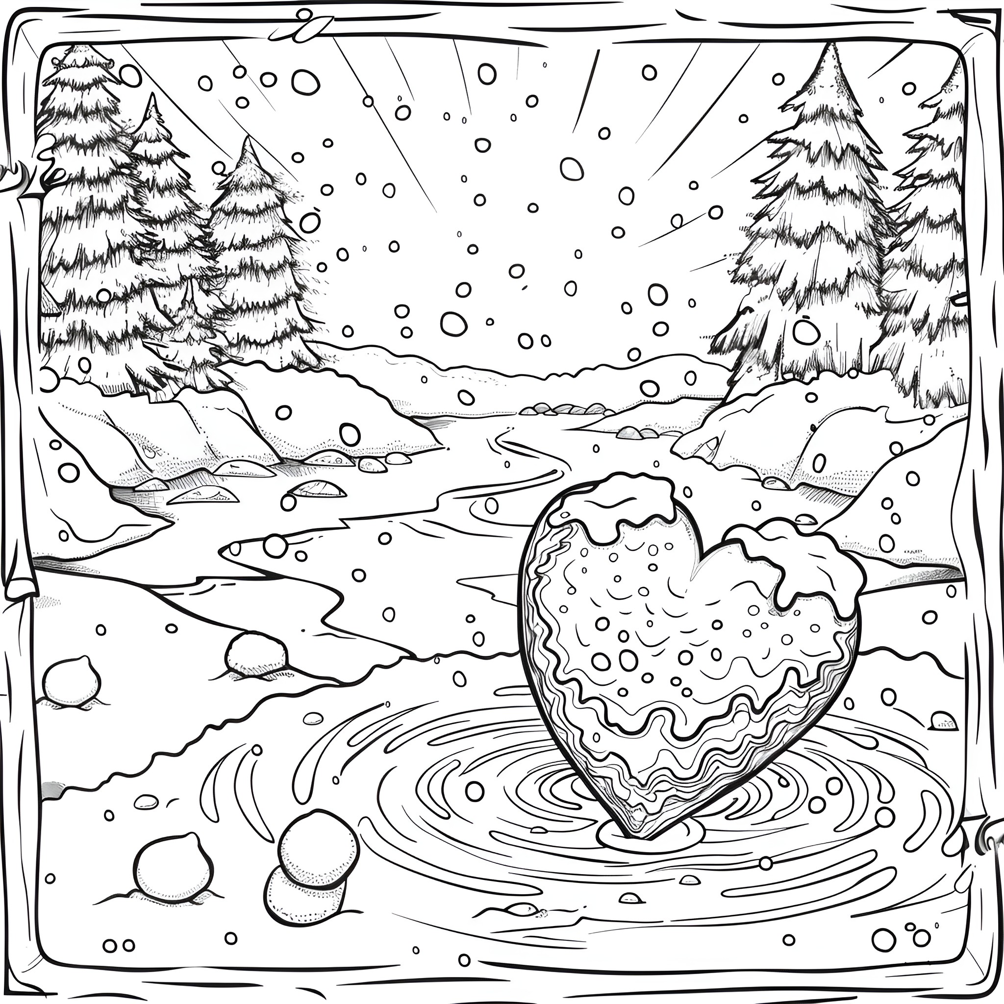 Heart-shaped ice on frozen lake in winter wonderland Coloring Page (free black-and-white line drawing printable PDF for all, from beginners to advanced learners, including children, teens, adults, and seniors)