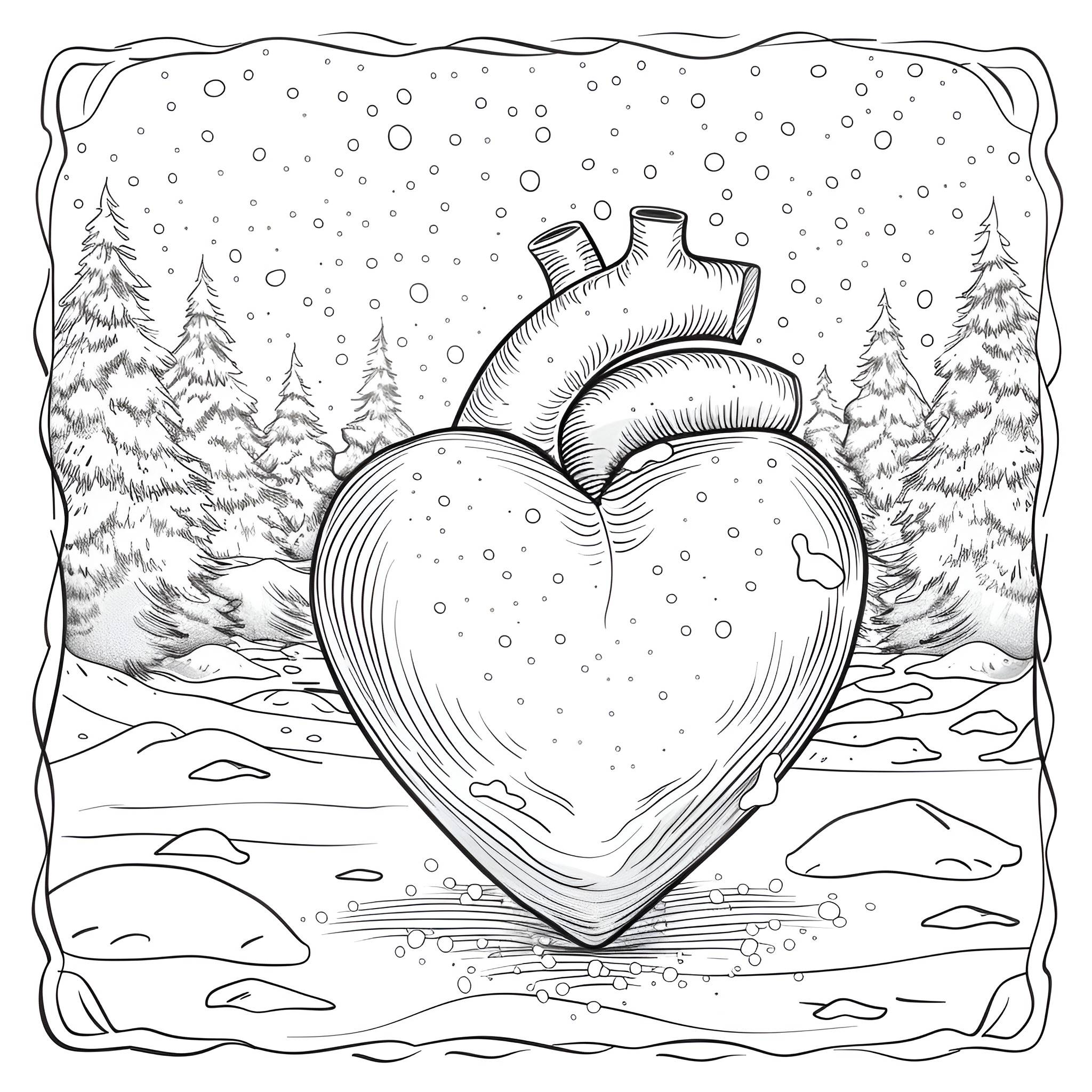 Heart in a winter wonderland Coloring Page (free black-and-white line drawing printable PDF for all, from beginners to advanced learners, including children, teens, adults, and seniors)