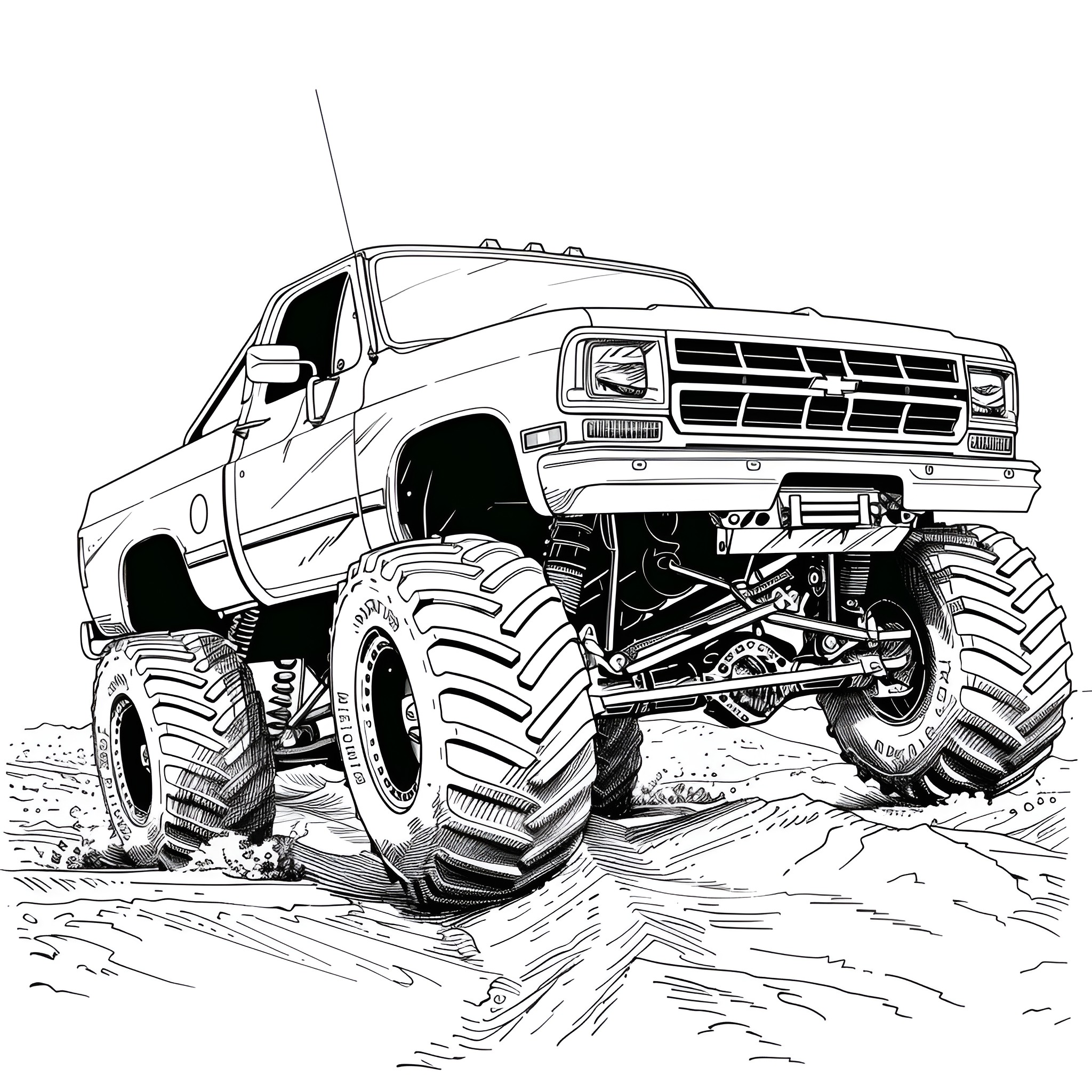 Monster Truck Conquering Rugged Terrain Coloring Page (free black-and-white line drawing printable PDF for all, from beginners to advanced learners, including children, teens, adults, and seniors)