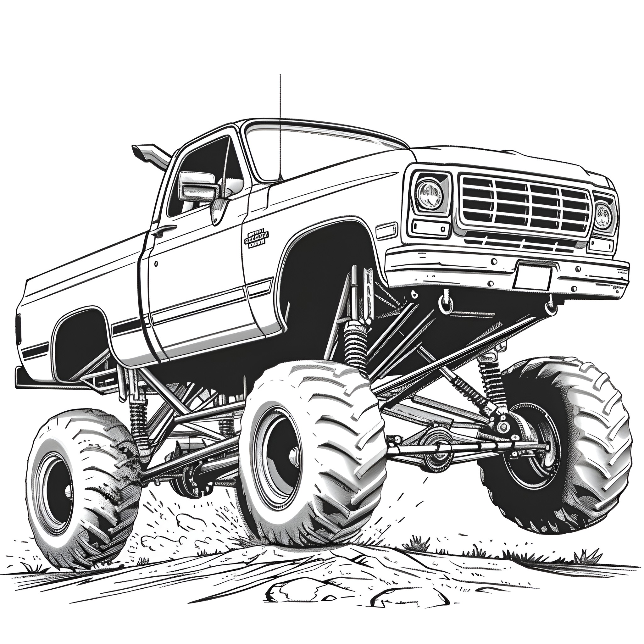 Monster Truck racing over terrain Coloring Page (free black-and-white line drawing printable PDF for all, from beginners to advanced learners, including children, teens, adults, and seniors)
