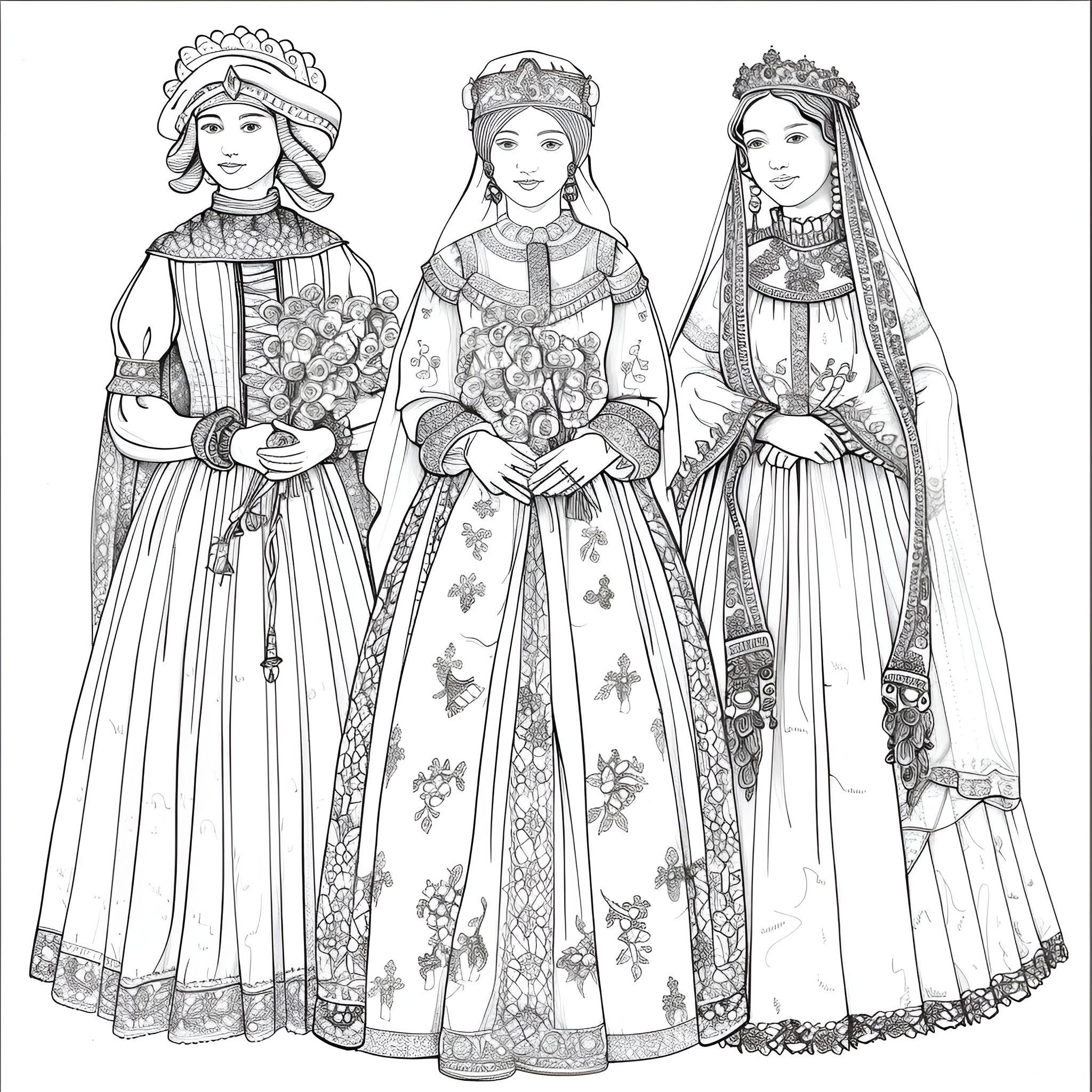Ladies in Regal Historical Costumes Coloring Page (free black-and-white line drawing printable PDF for all, from beginners to advanced learners, including children, teens, adults, and seniors)
