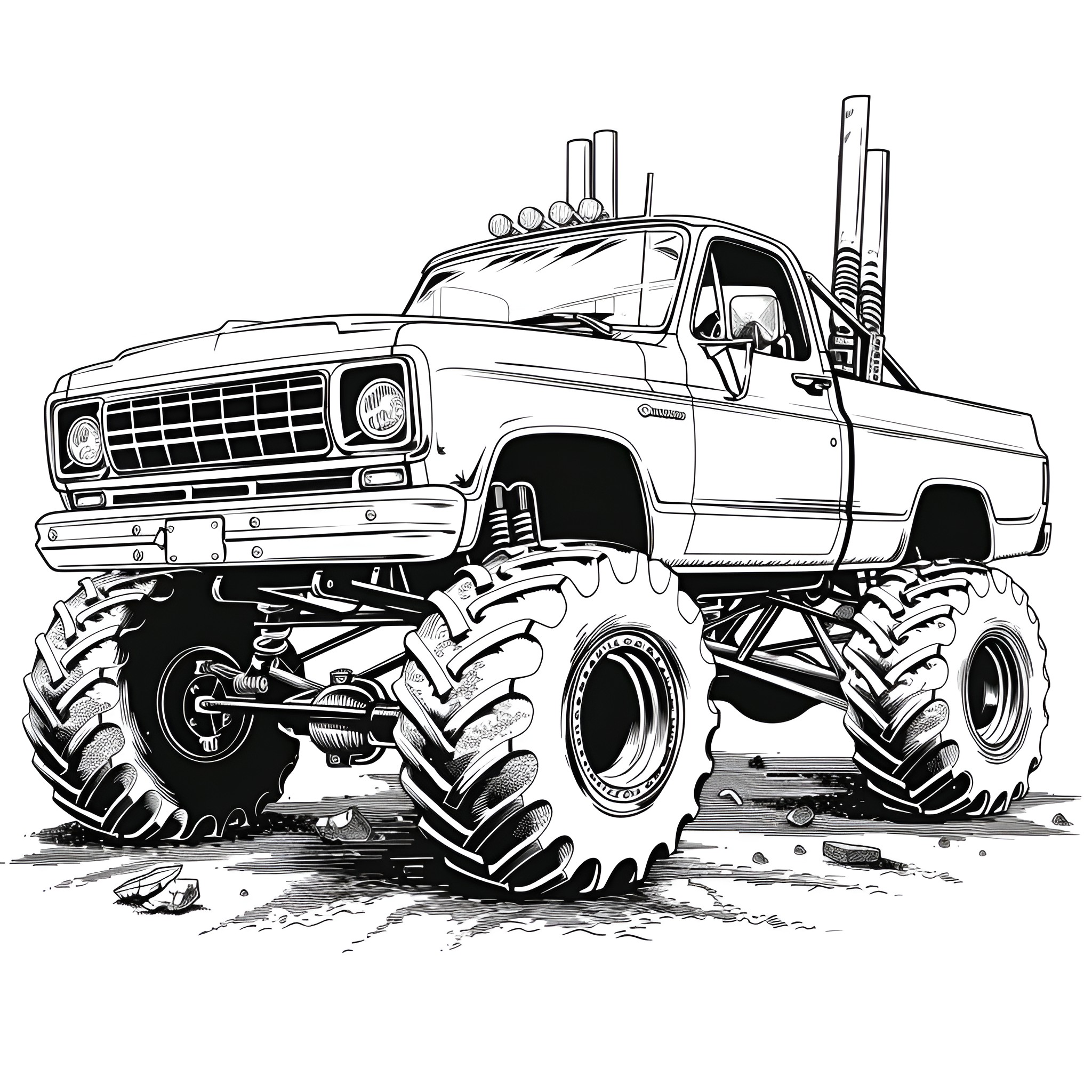 Monster Truck Powerful Mud Offroad Ride Coloring Page (free black-and-white line drawing printable PDF for all, from beginners to advanced learners, including children, teens, adults, and seniors)
