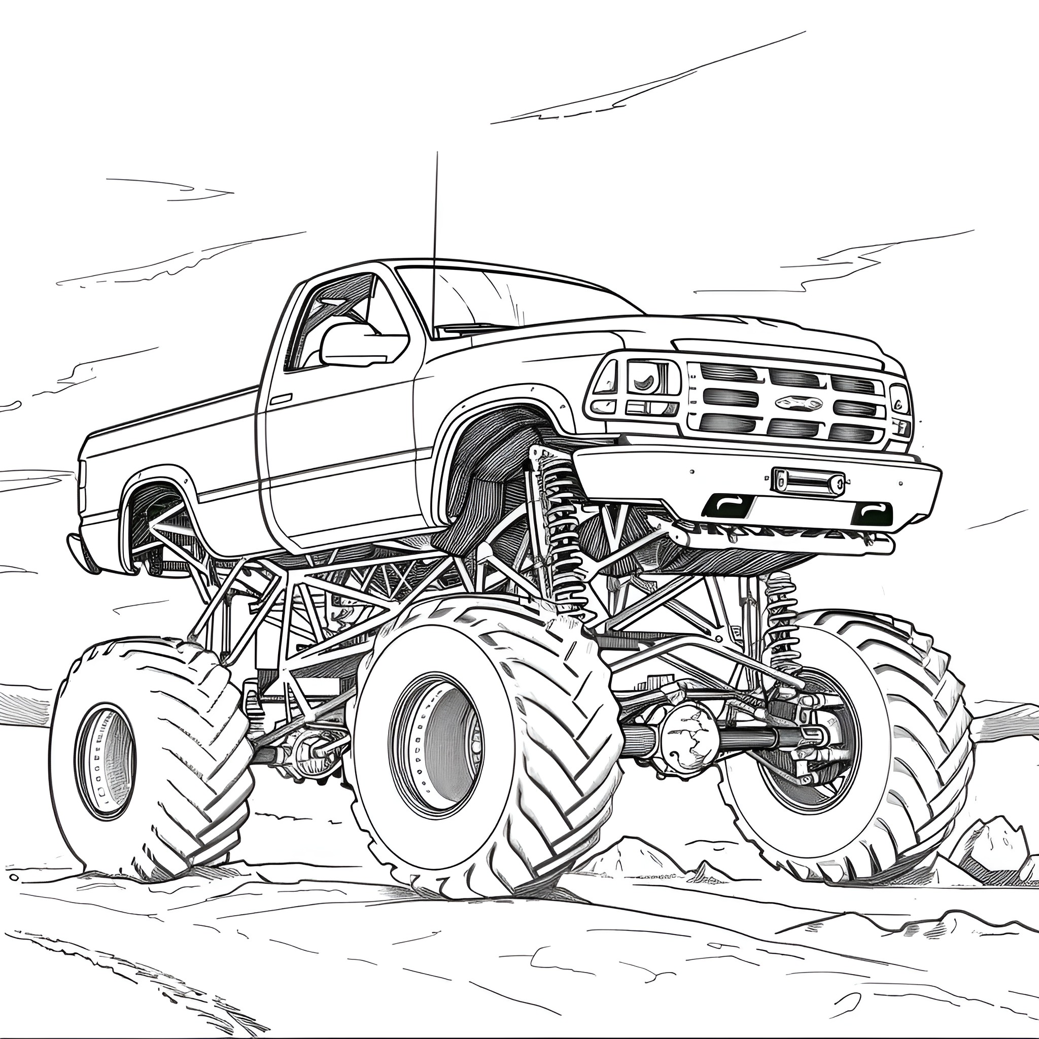 Monster Truck off-road adventure Coloring Page (free black-and-white line drawing printable PDF for all, from beginners to advanced learners, including children, teens, adults, and seniors)