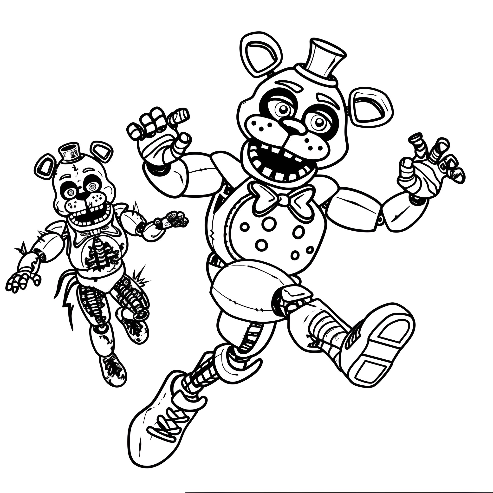 Five Nights At Freddy's Animatronics in Action Coloring Page (free black-and-white line drawing printable PDF for all, from beginners to advanced learners, including children, teens, adults, and seniors)