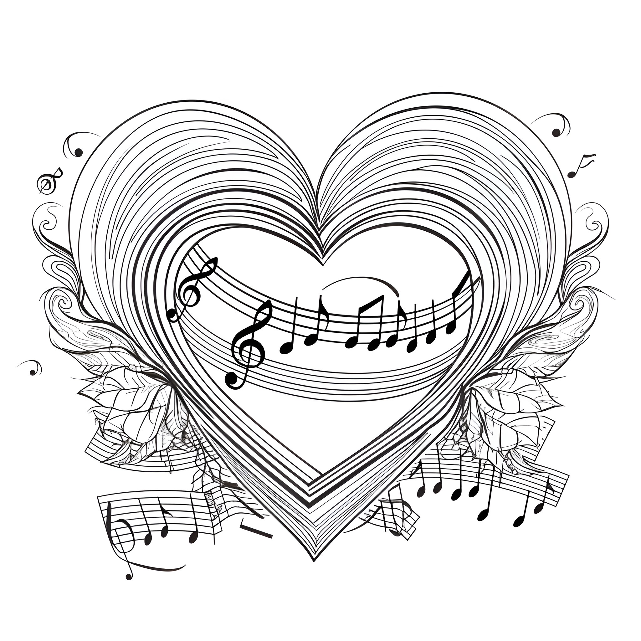 Heart filled with musical notes and melodies Coloring Page (free black-and-white line drawing printable PDF for all, from beginners to advanced learners, including children, teens, adults, and seniors)