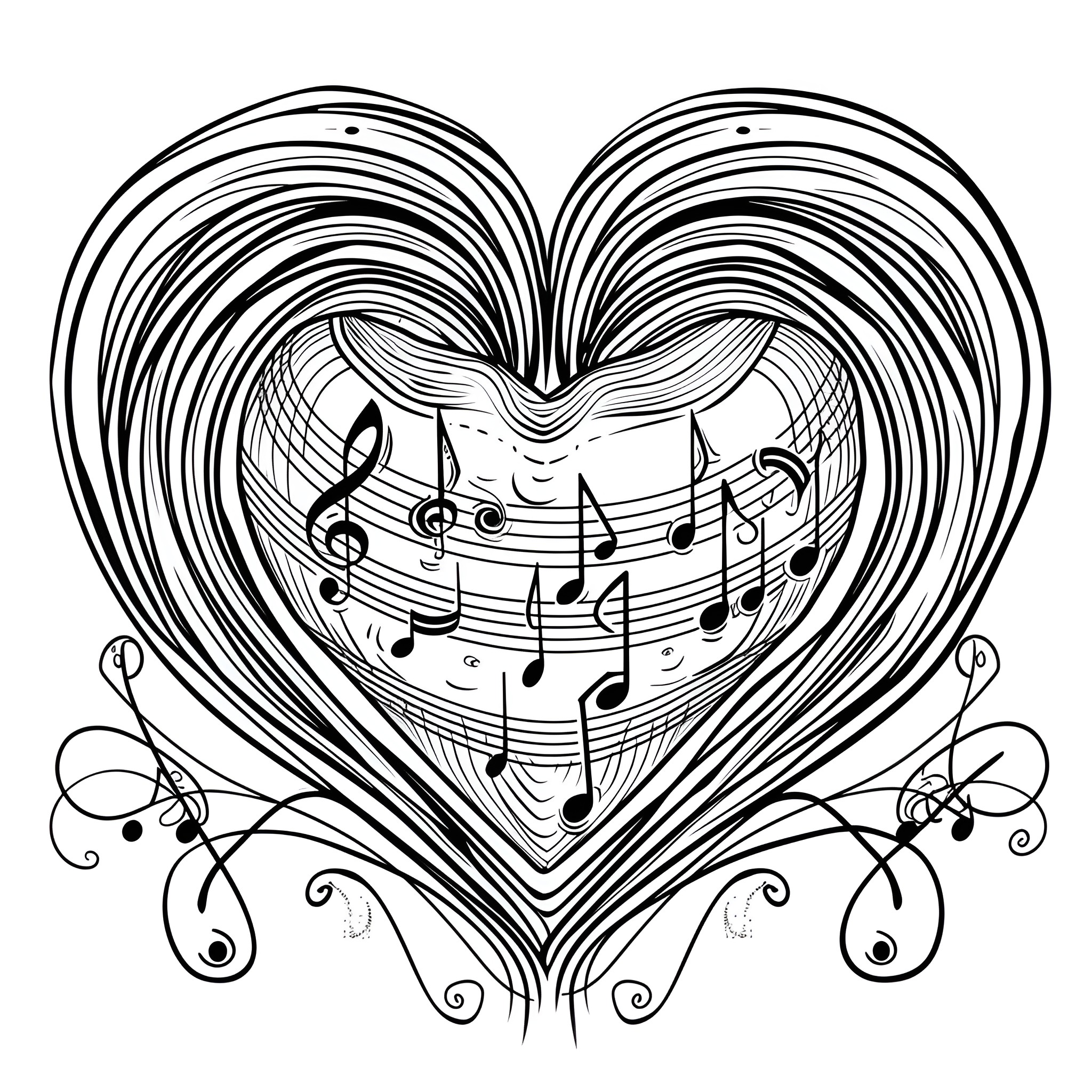 Heart filled with music notes and ornaments Coloring Page (free black-and-white line drawing printable PDF for all, from beginners to advanced learners, including children, teens, adults, and seniors)