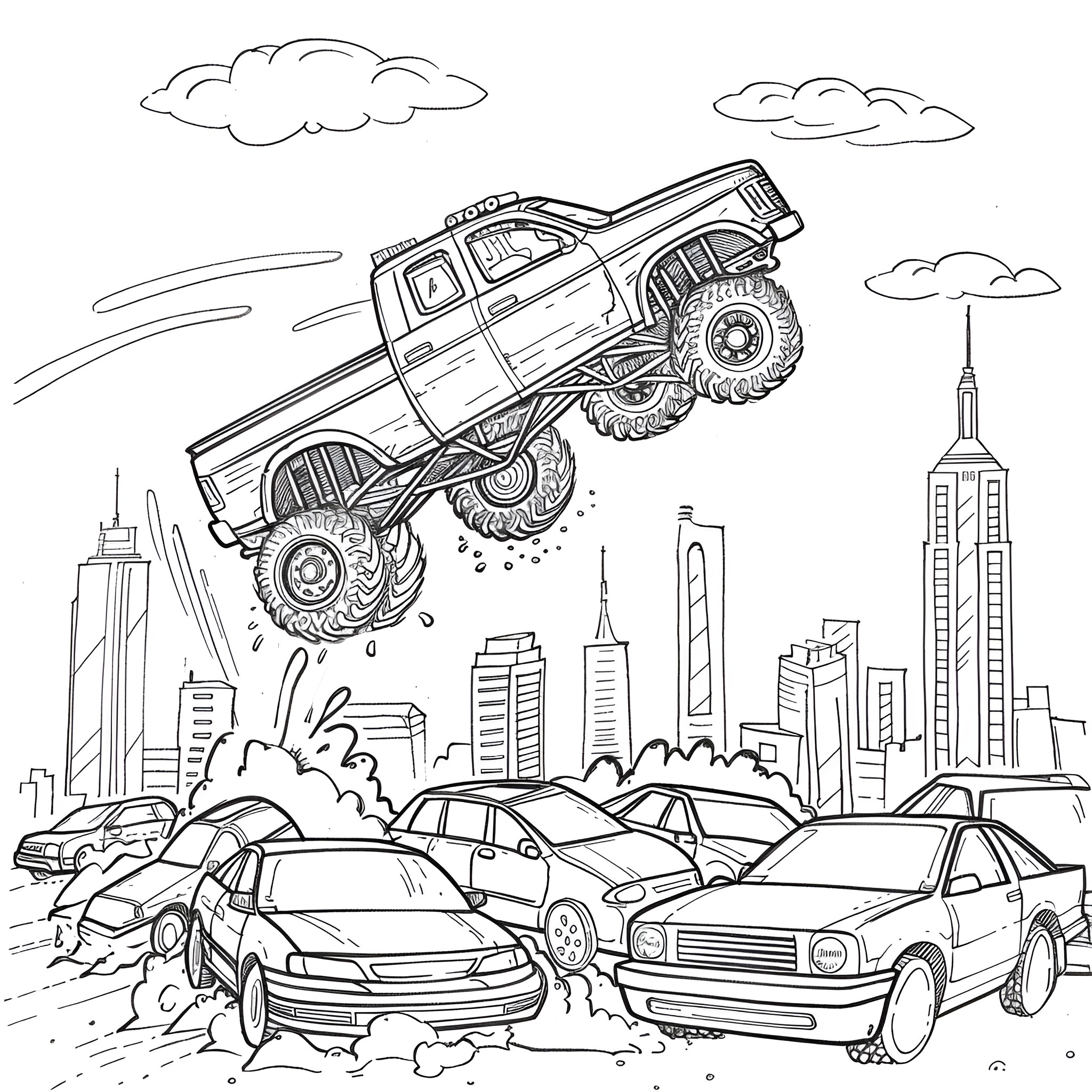 Monster Truck Stomping through the City Coloring Page (free black-and-white line drawing printable PDF for all, from beginners to advanced learners, including children, teens, adults, and seniors)