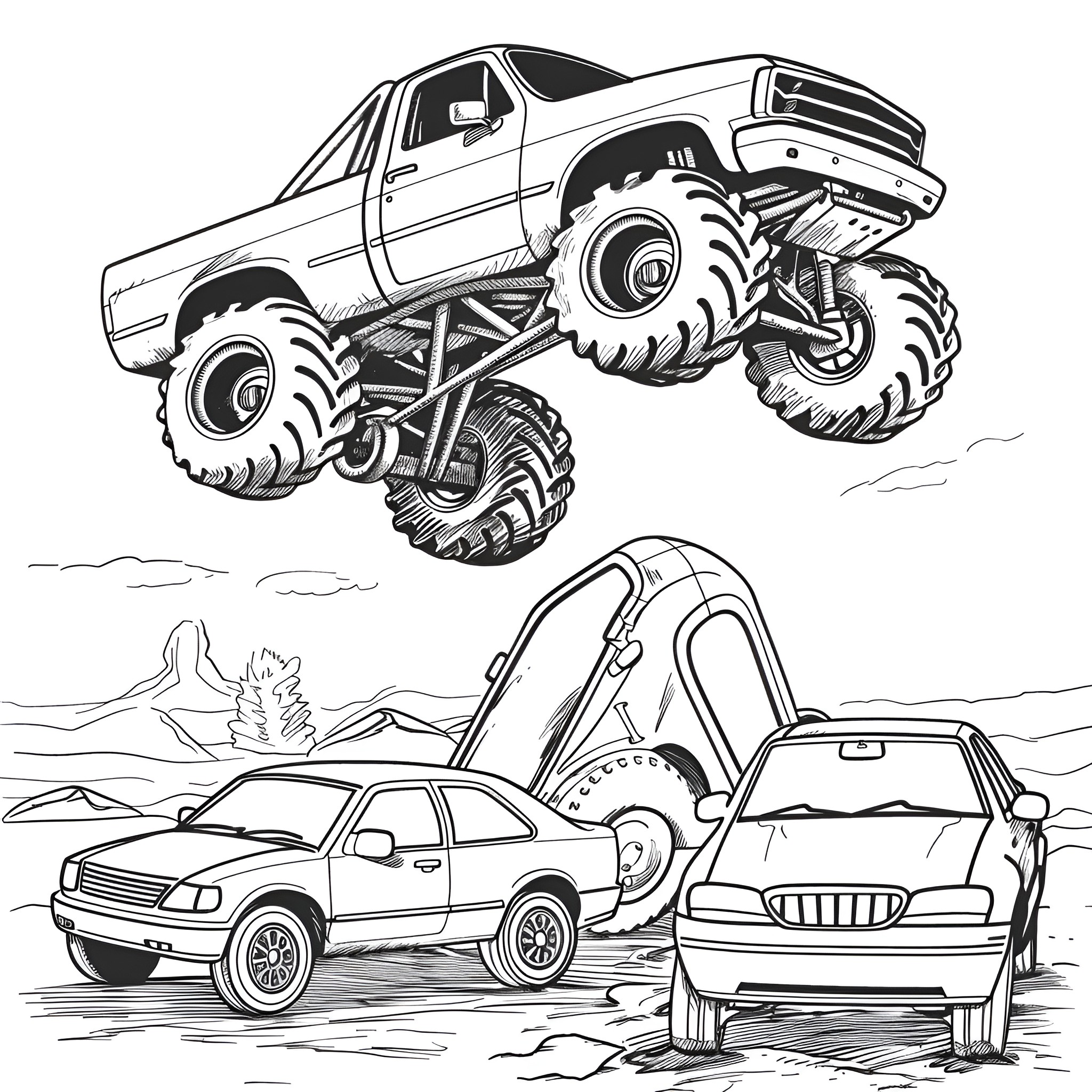 Monster Truck Crushing Regular Cars Coloring Page (free black-and-white line drawing printable PDF for all, from beginners to advanced learners, including children, teens, adults, and seniors)