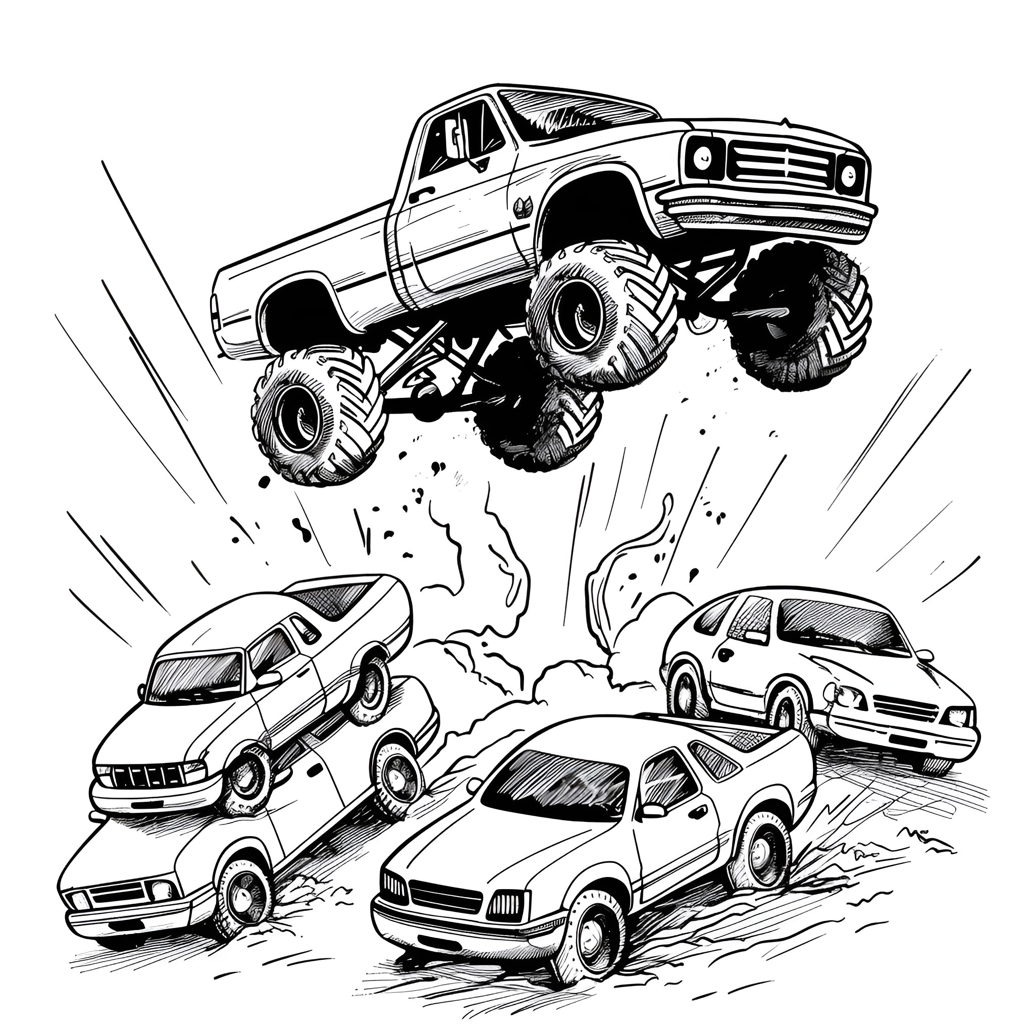 Monster Truck crushing smaller cars Coloring Page (free black-and-white line drawing printable PDF for all, from beginners to advanced learners, including children, teens, adults, and seniors)