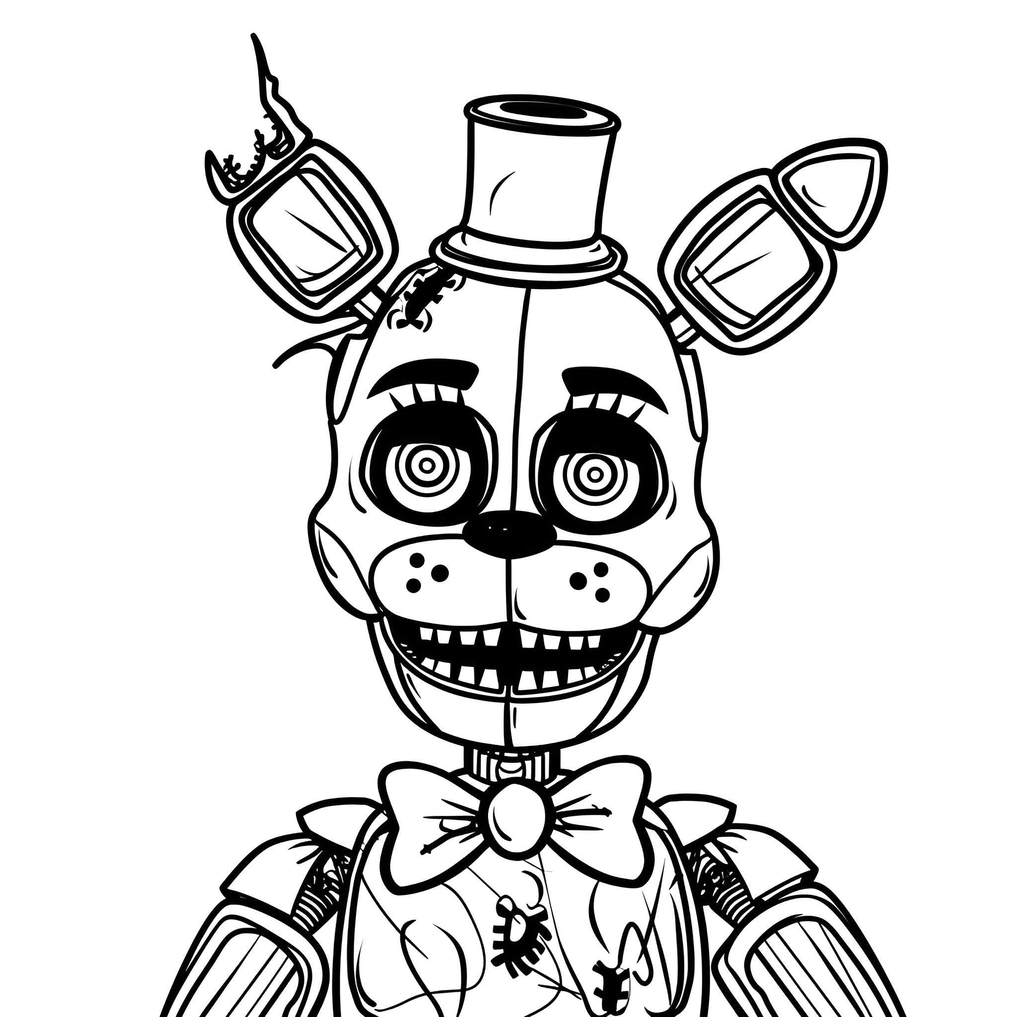 Five Nights At Freddy's Animatronic Character Coloring Page (free black-and-white line drawing printable PDF for all, from beginners to advanced learners, including children, teens, adults, and seniors)