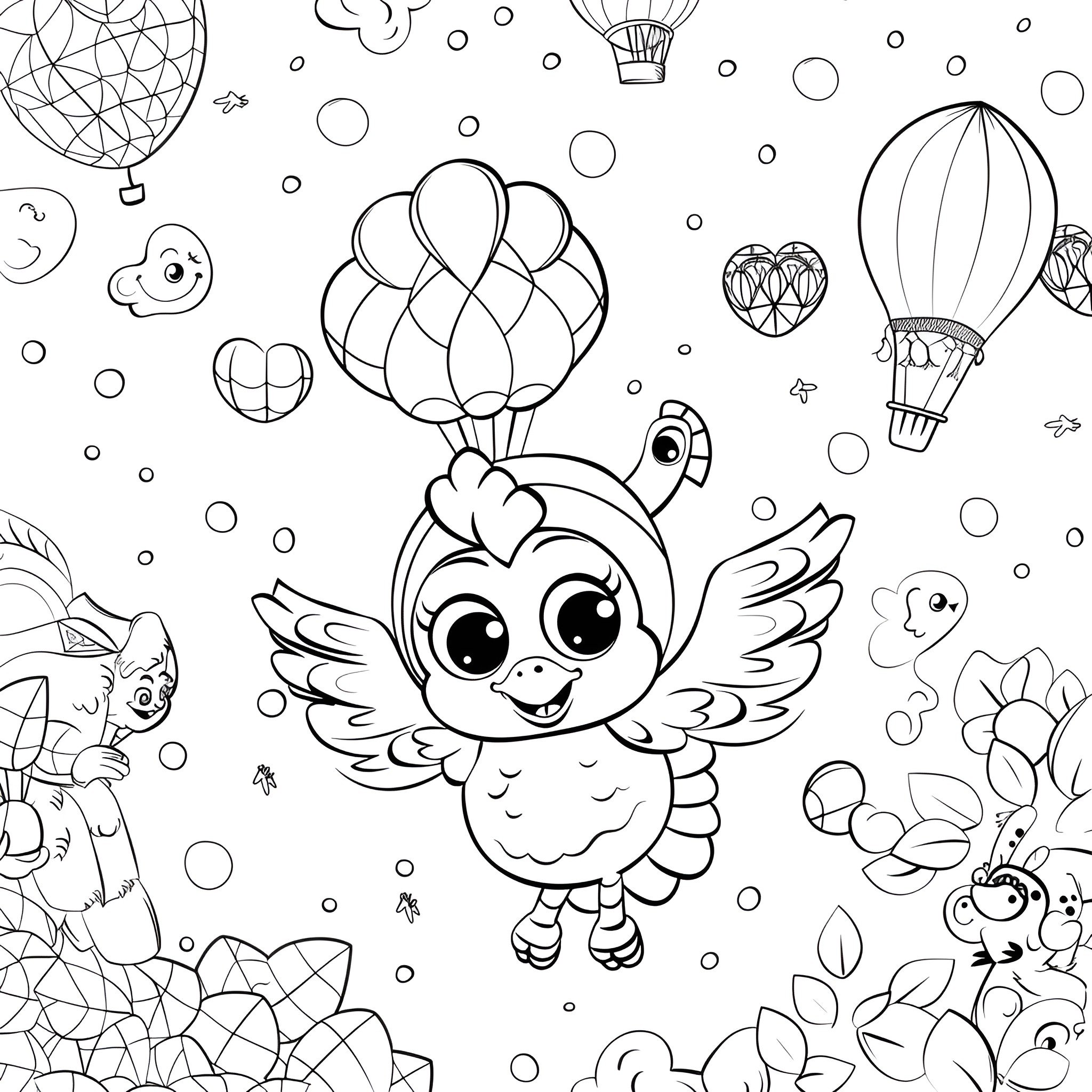 Turkey with Wings and Hot Air Balloons Coloring Page (free black-and-white line drawing printable PDF for all, from beginners to advanced learners, including children, teens, adults, and seniors)