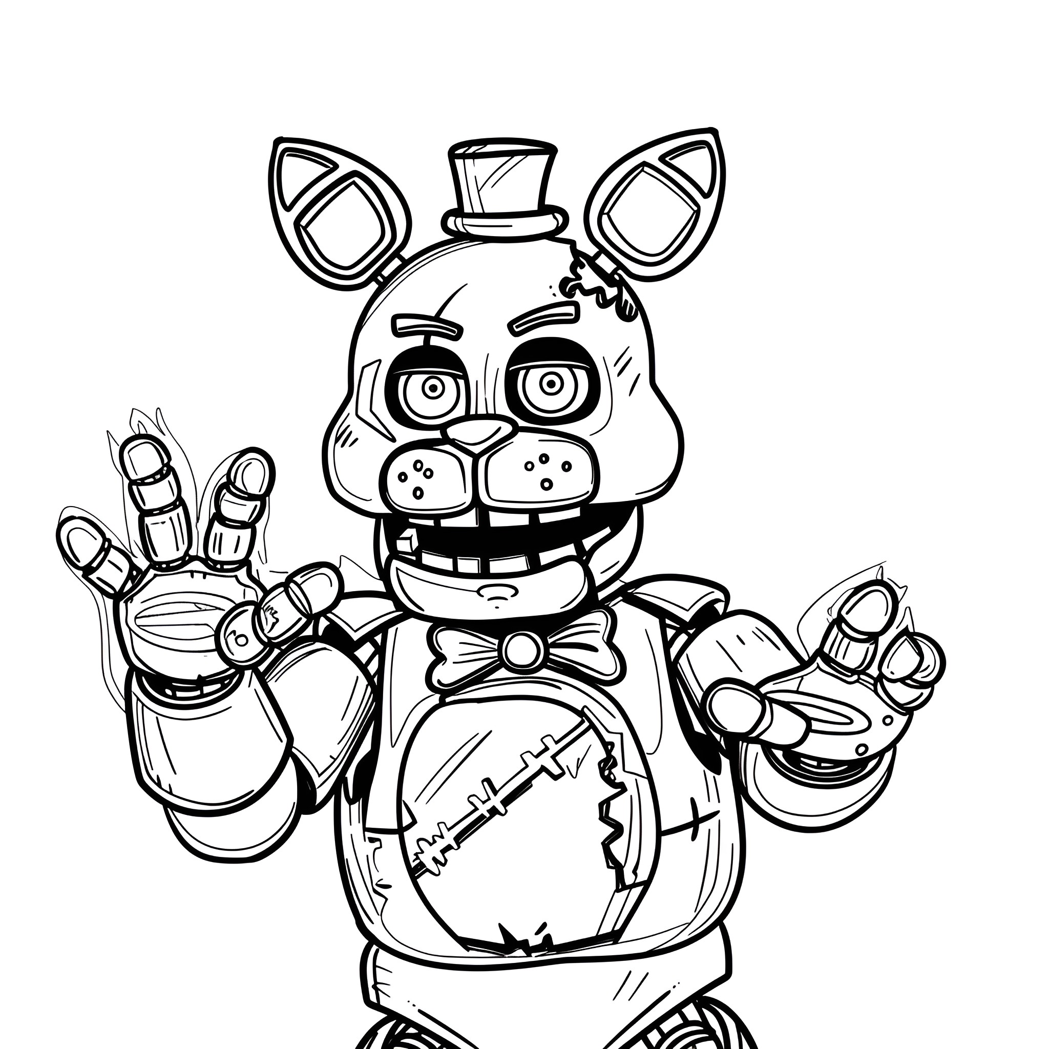 Five Nights At Freddy's Spooky Animatronic Character Coloring Page (free black-and-white line drawing printable PDF for all, from beginners to advanced learners, including children, teens, adults, and seniors)