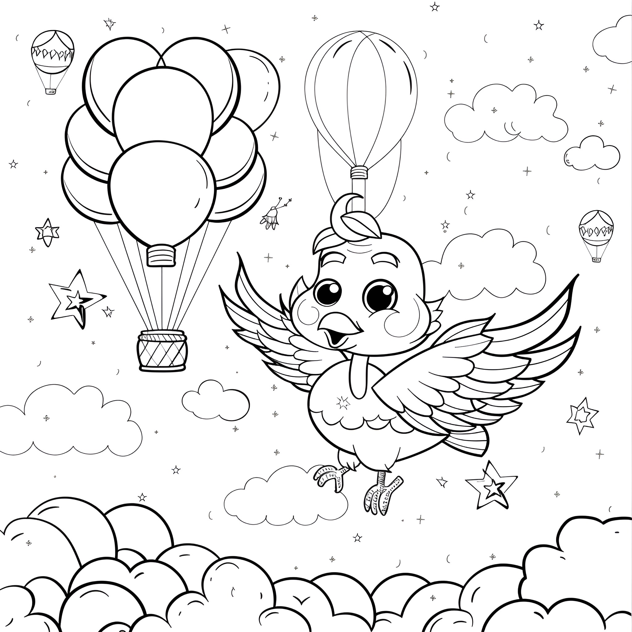 Turkey bird flying with hot air balloons Coloring Page (free black-and-white line drawing printable PDF for all, from beginners to advanced learners, including children, teens, adults, and seniors)
