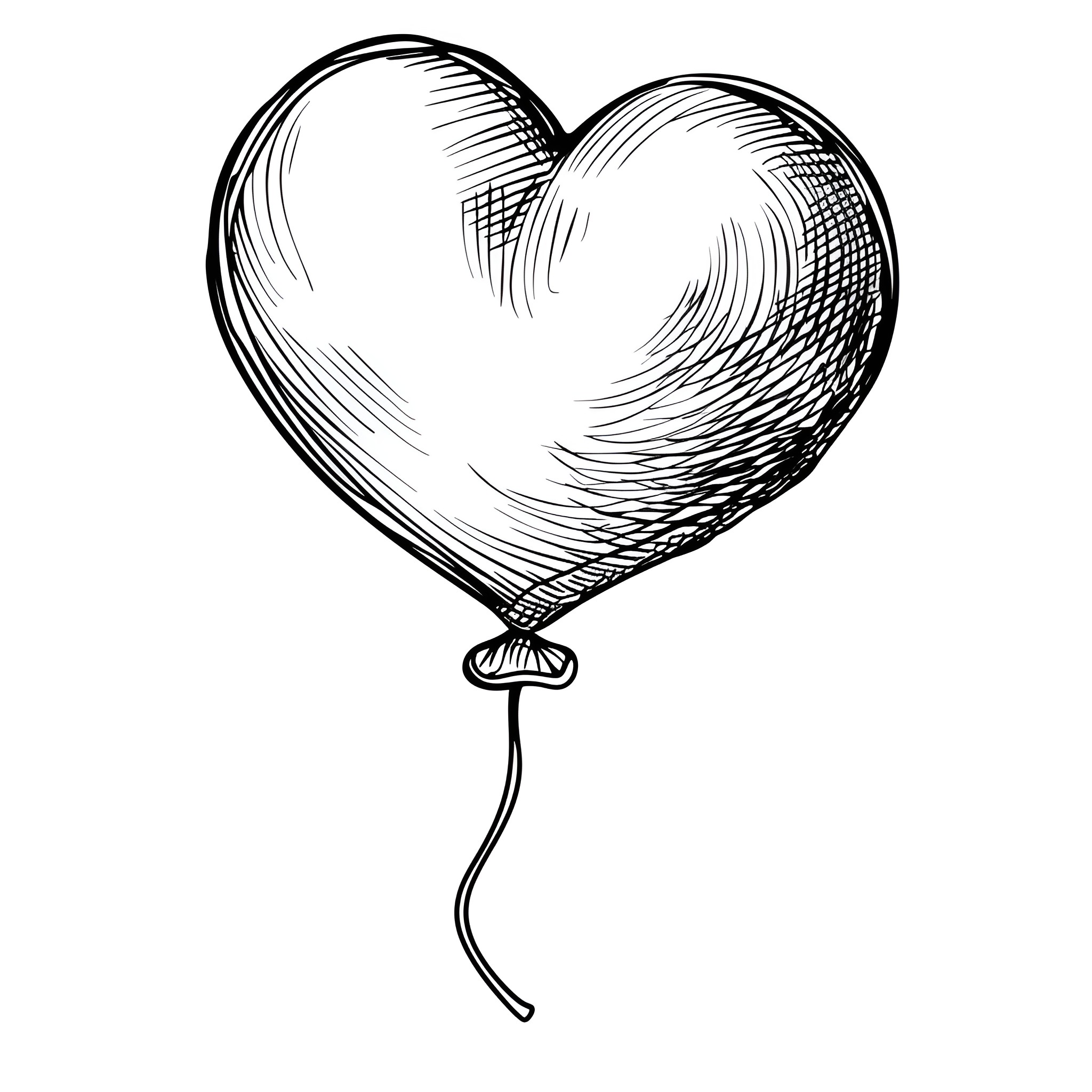 Heart-shaped balloon Coloring Page (free black-and-white line drawing printable PDF for all, from beginners to advanced learners, including children, teens, adults, and seniors)