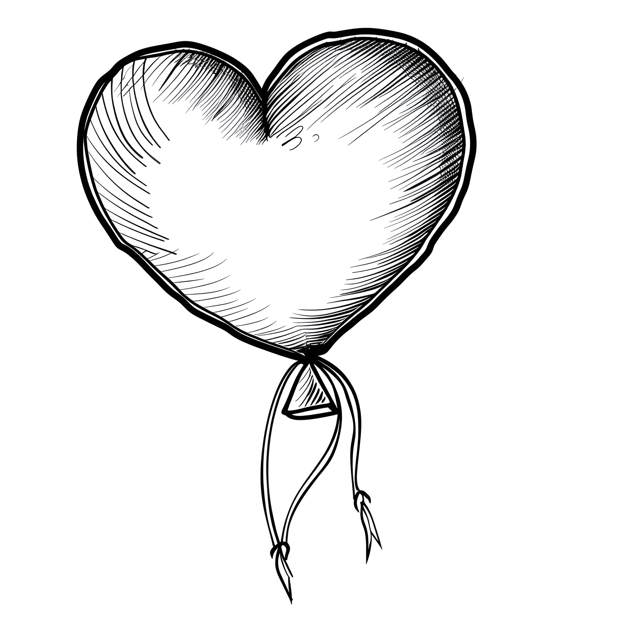 Heart-shaped balloon with tied string Coloring Page (free black-and-white line drawing printable PDF for all, from beginners to advanced learners, including children, teens, adults, and seniors)