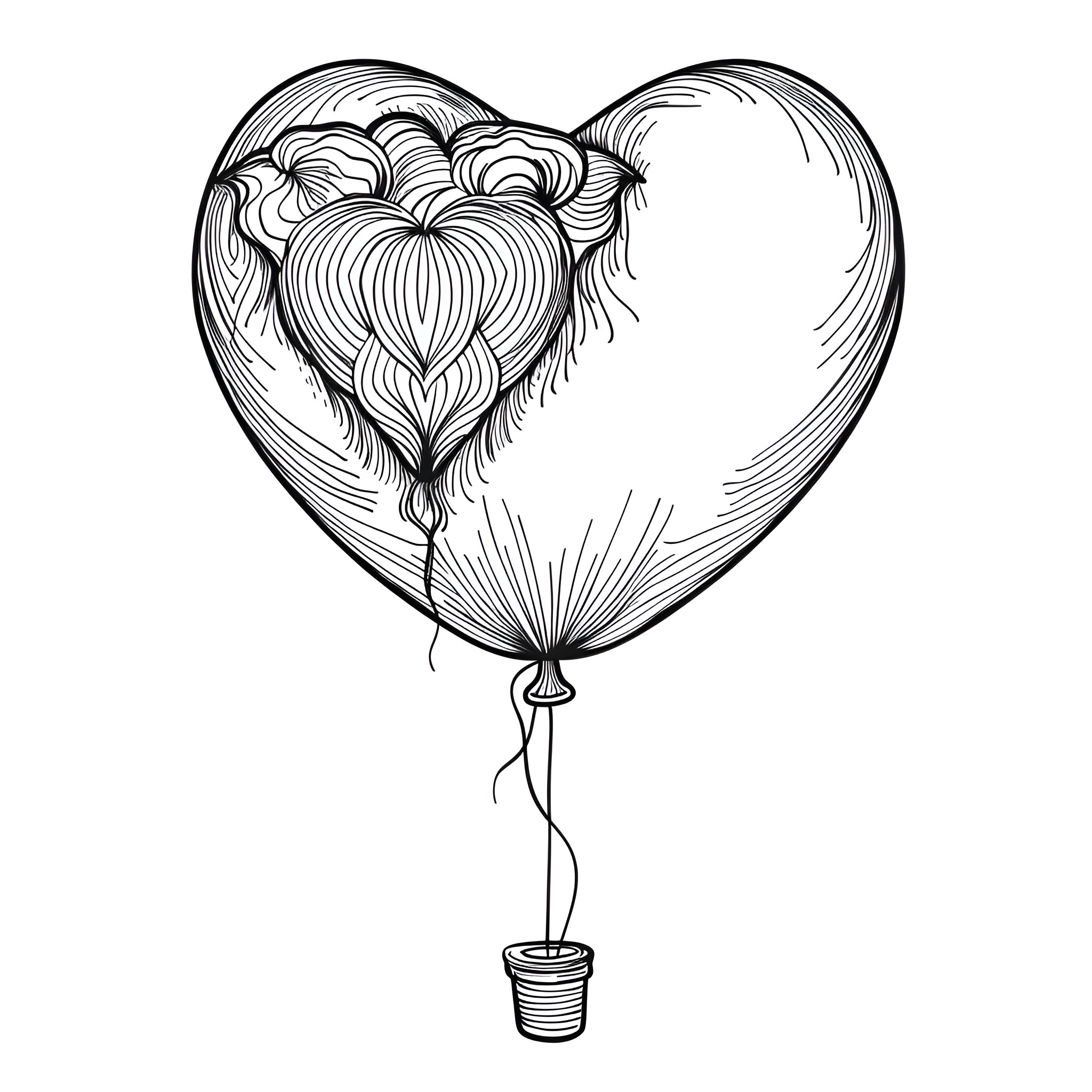 Heart-shaped balloon with decorative designs Coloring Page (free black-and-white line drawing printable PDF for all, from beginners to advanced learners, including children, teens, adults, and seniors)
