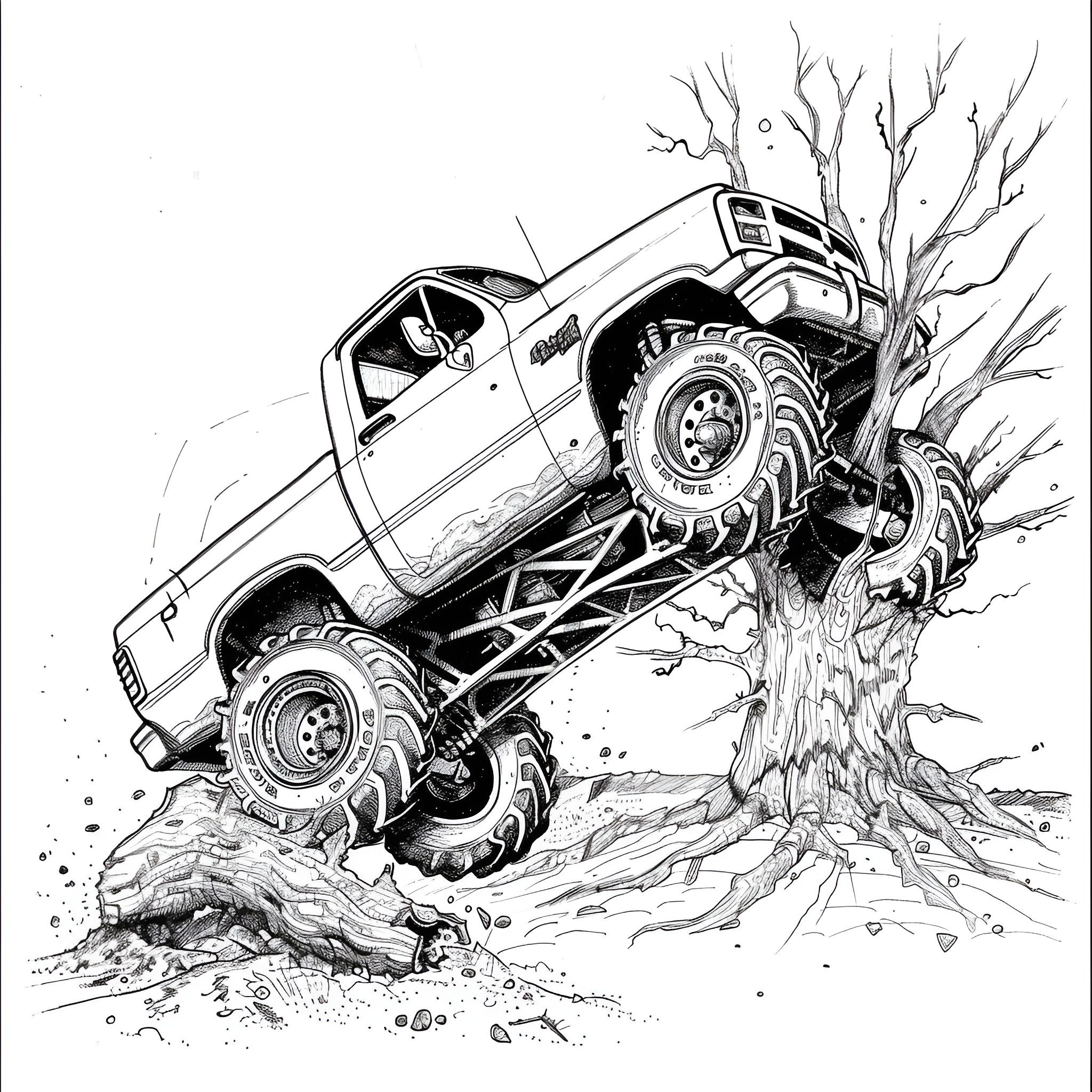 Monster Truck Climbing Over Tree Roots Coloring Page (free black-and-white line drawing printable PDF for all, from beginners to advanced learners, including children, teens, adults, and seniors)