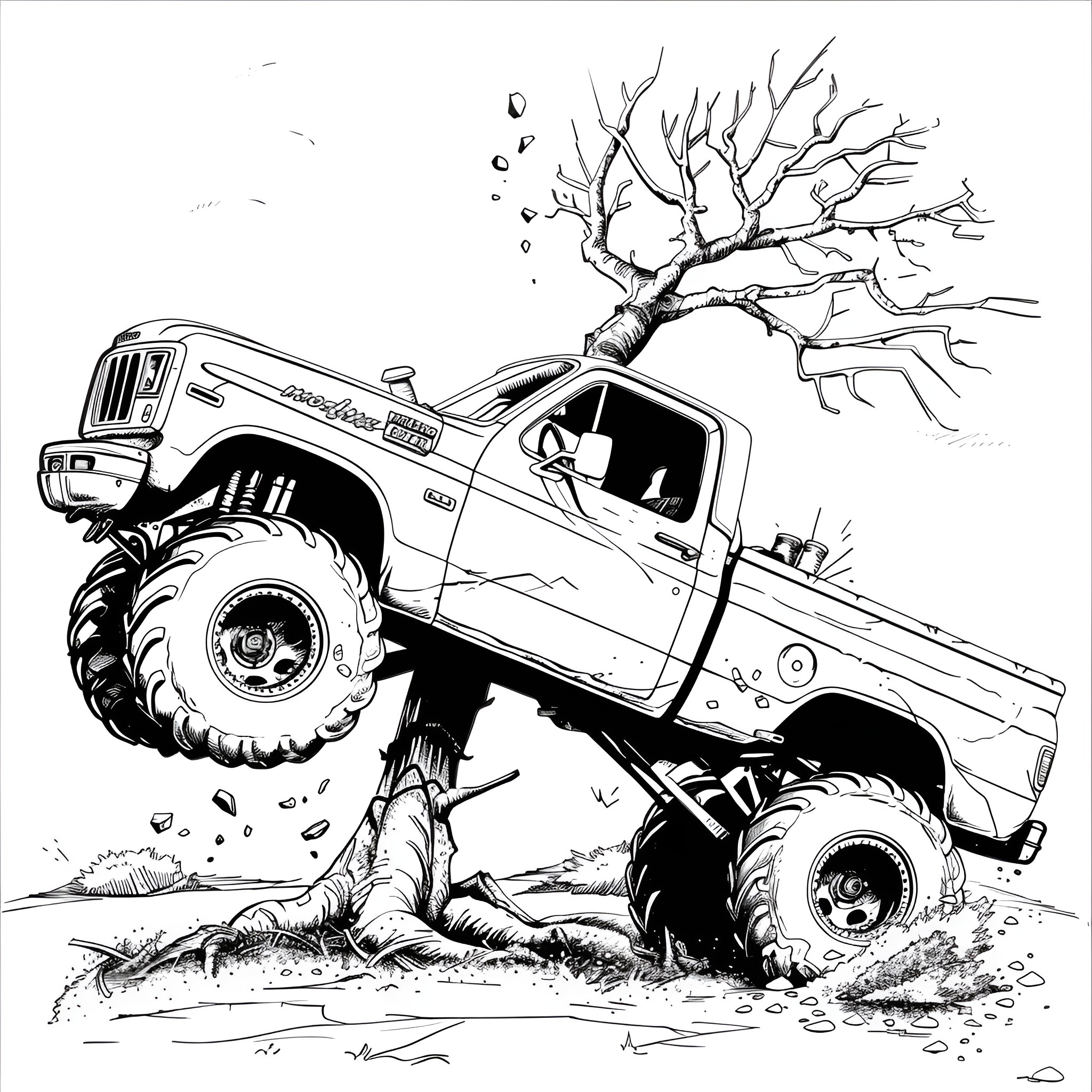 Monster Truck traversing rugged terrain Coloring Page (free black-and-white line drawing printable PDF for all, from beginners to advanced learners, including children, teens, adults, and seniors)