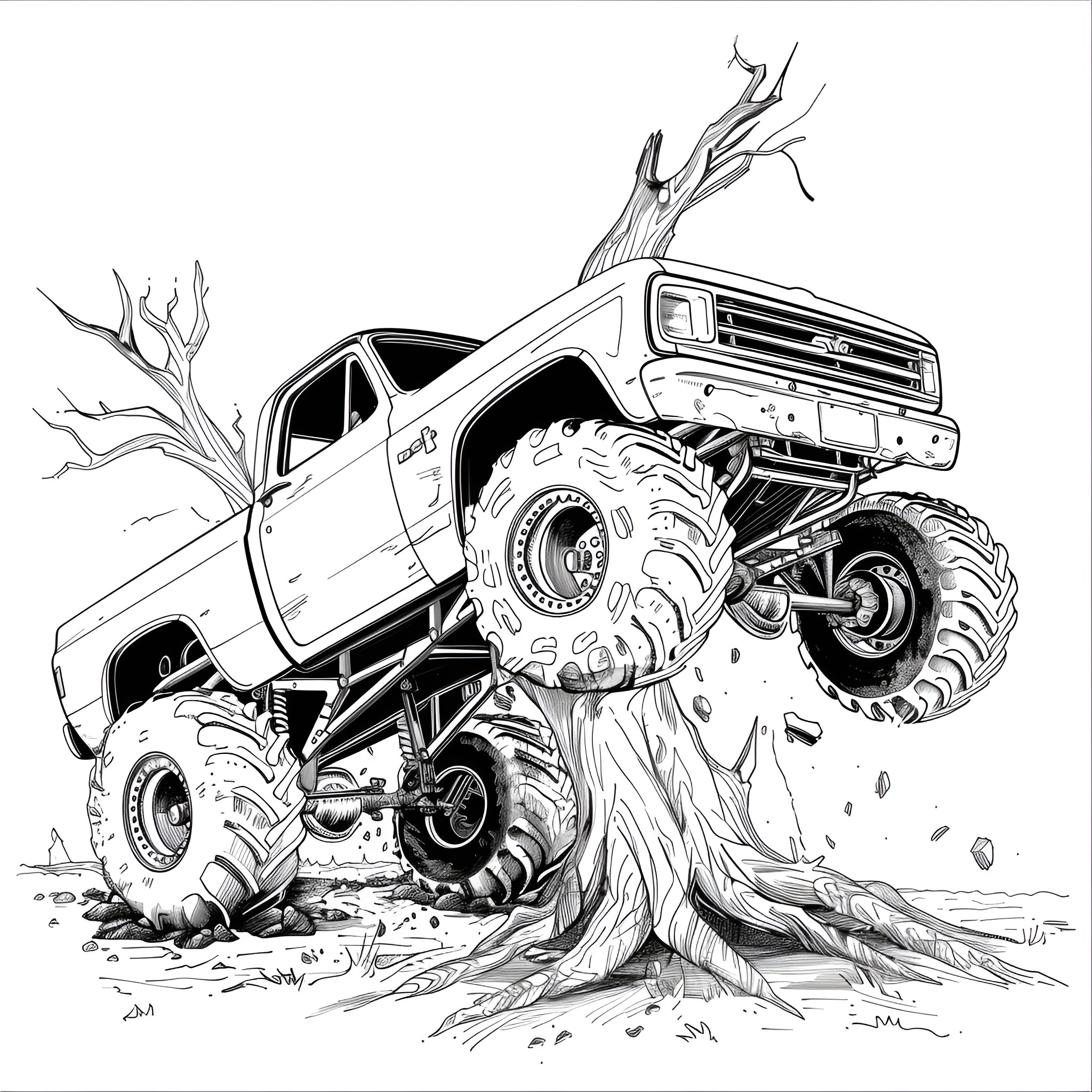 Monster Truck ripping through the terrain Coloring Page (free black-and-white line drawing printable PDF for all, from beginners to advanced learners, including children, teens, adults, and seniors)
