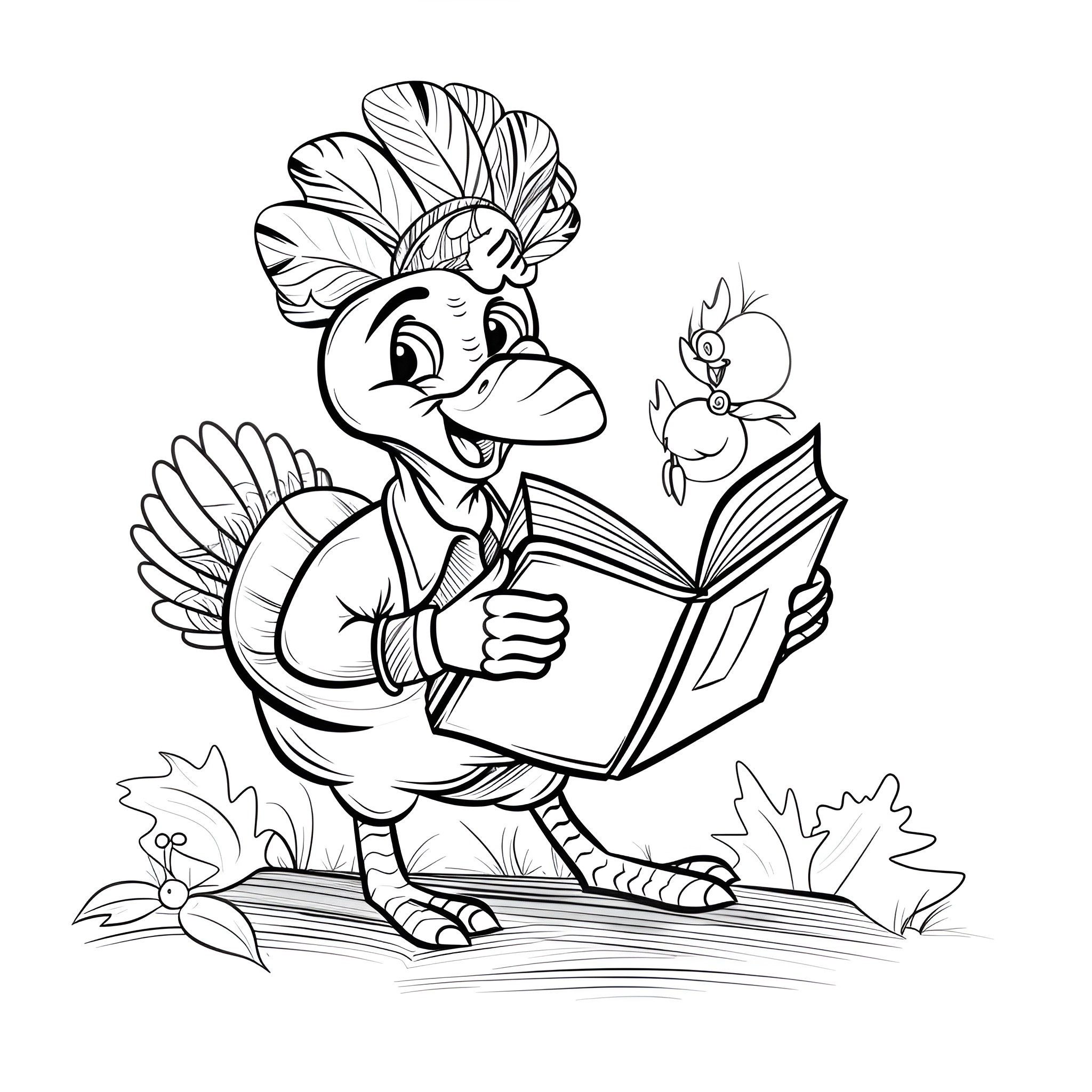 Turkey reading book with companion bird Coloring Page (free black-and-white line drawing printable PDF for all, from beginners to advanced learners, including children, teens, adults, and seniors)