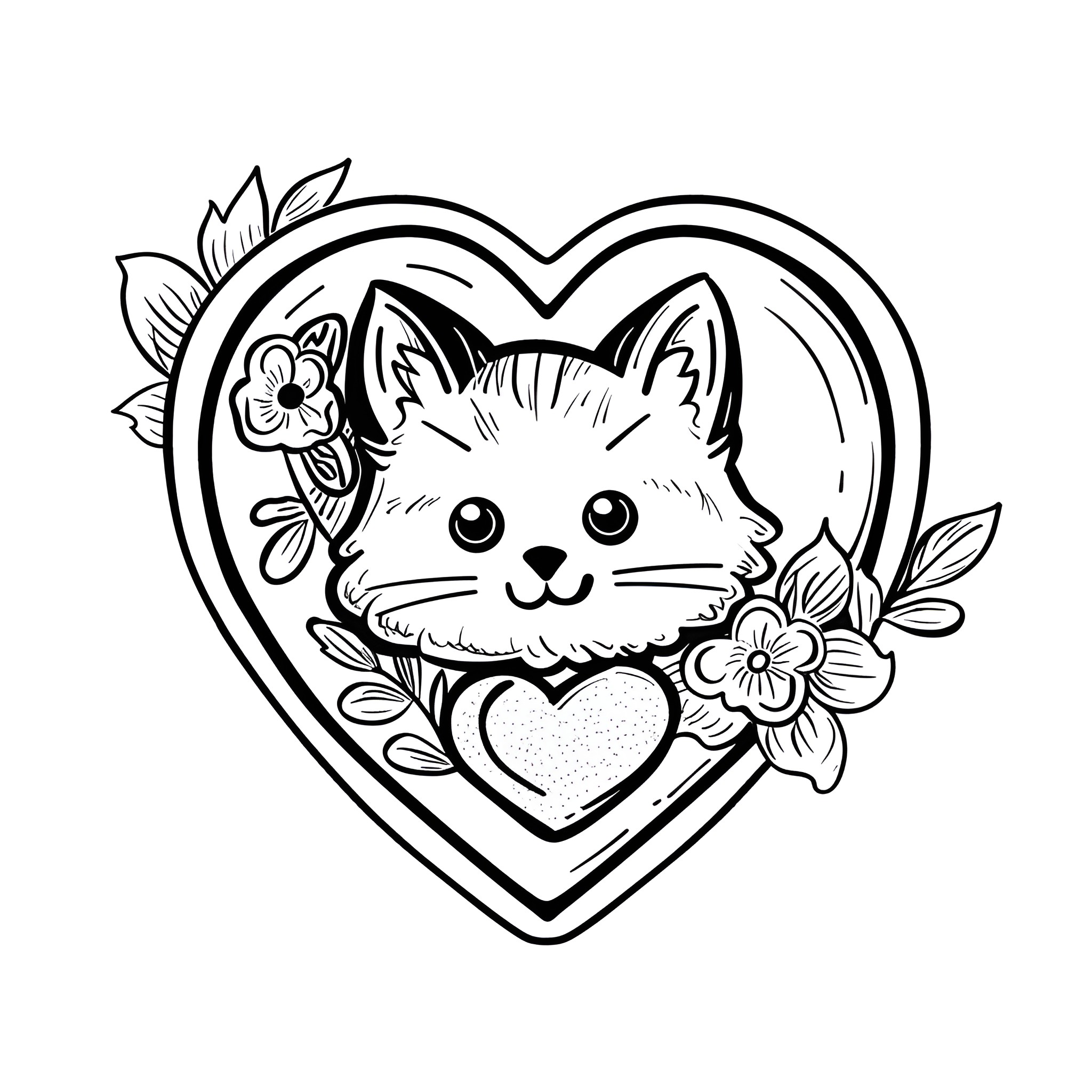 Heart-shaped kitten with floral decor Coloring Page (free black-and-white line drawing printable PDF for all, from beginners to advanced learners, including children, teens, adults, and seniors)