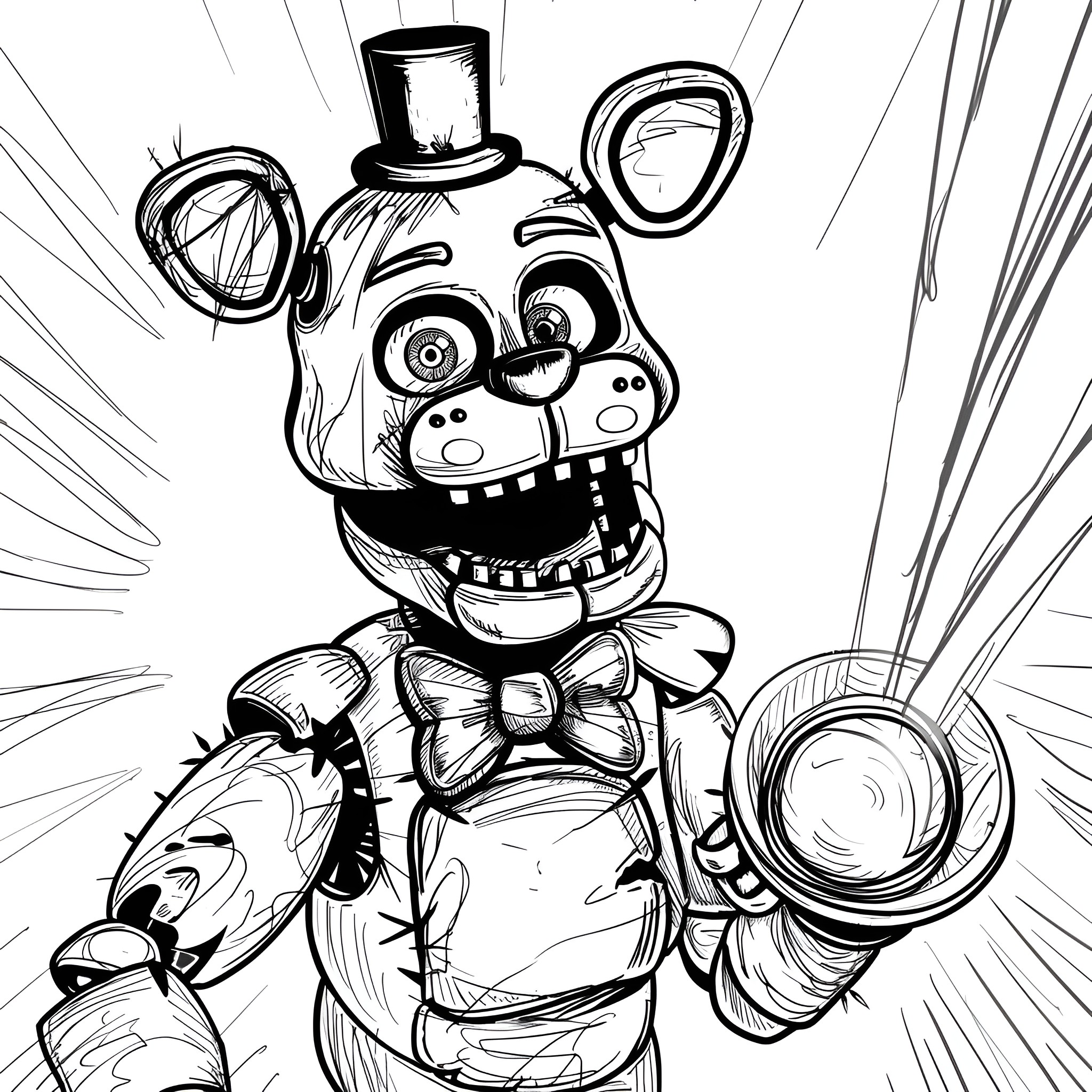 Five Nights At Freddy's Smiling Animatronic Character Coloring Page (free black-and-white line drawing printable PDF for all, from beginners to advanced learners, including children, teens, adults, and seniors)