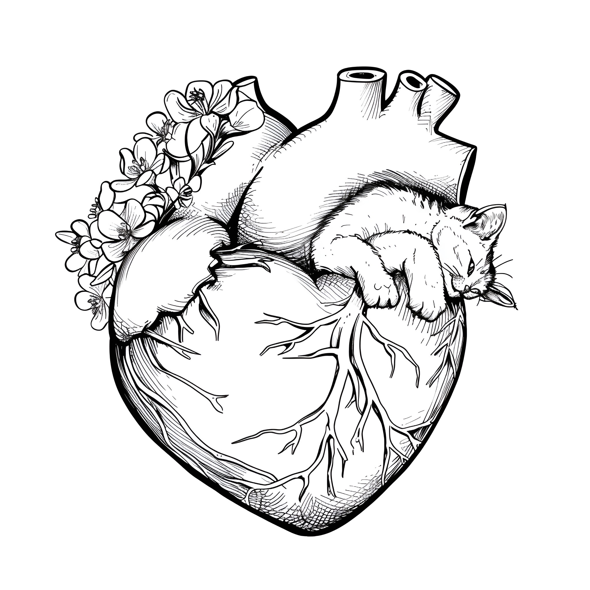 Heart of nature with floral accents Coloring Page (free black-and-white line drawing printable PDF for all, from beginners to advanced learners, including children, teens, adults, and seniors)