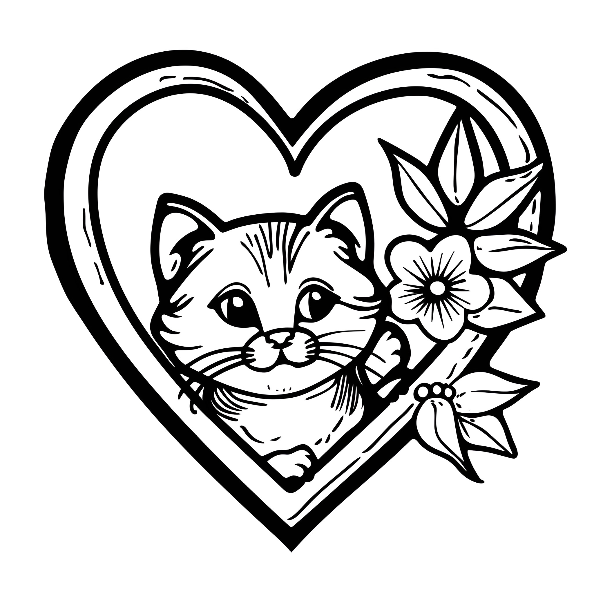 Heart-shaped cat and flower outline Coloring Page (free black-and-white line drawing printable PDF for all, from beginners to advanced learners, including children, teens, adults, and seniors)
