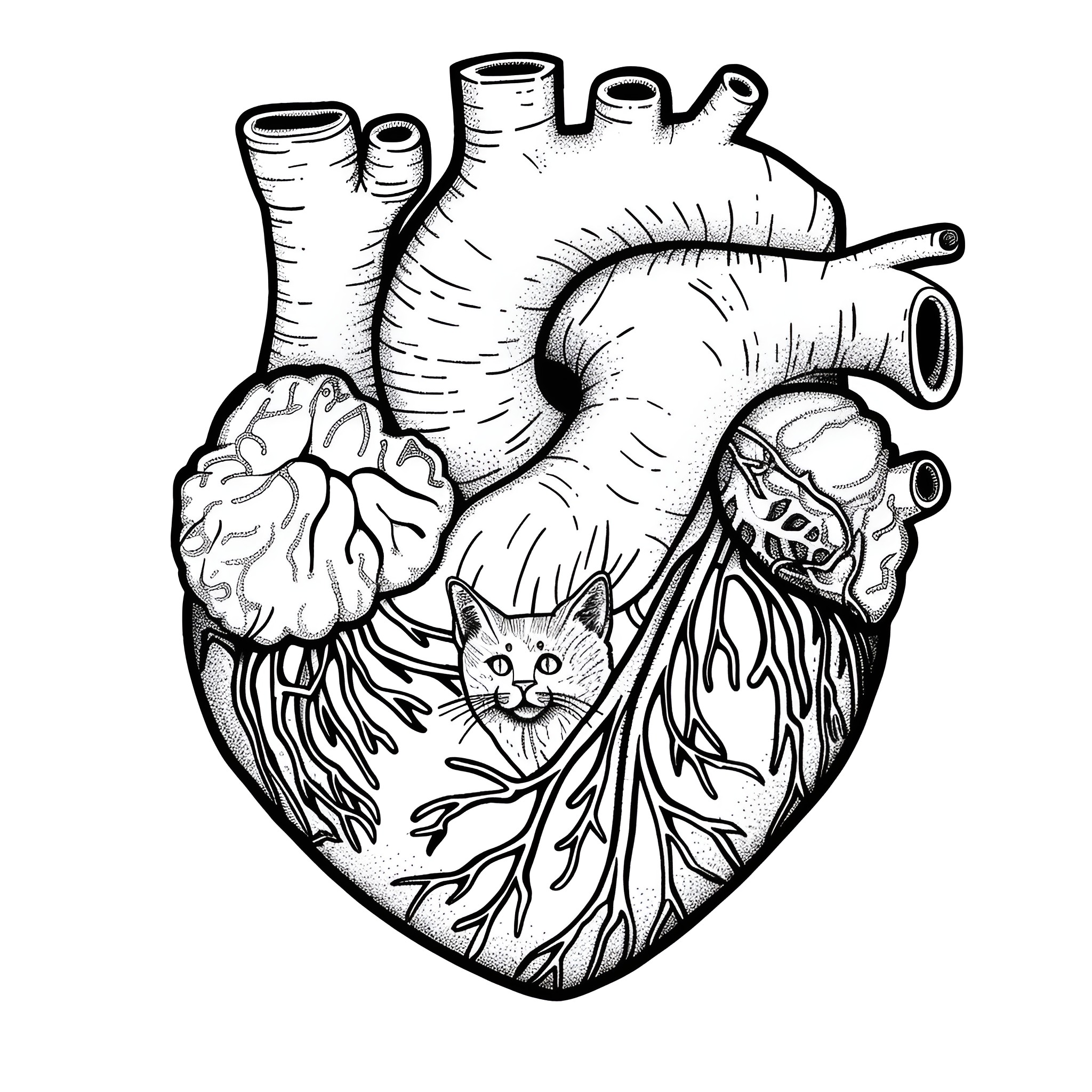 Heart and its Anatomical Wonders Coloring Page (free black-and-white line drawing printable PDF for all, from beginners to advanced learners, including children, teens, adults, and seniors)
